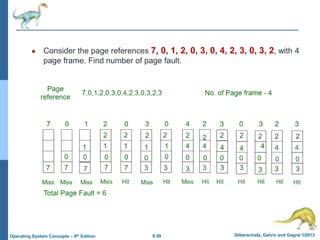 8.59 Silberschatz, Galvin and Gagne ©2013
Operating System Concepts – 9th Edition
● Consider the page references 7, 0, 1, 2, 0, 3, 0, 4, 2, 3, 0, 3, 2, with 4
page frame. Find number of page fault.
 