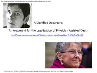 http://www.youtube.com/watch?feature=player_detailpage&v=_F-525sCzhE#t=65
A Dignified Departure:
An Argument for the Legalization of Physician Assisted Death
http://blogs.windsorstar.com/life/who-owns-my-life-sue-rodriguez-changed-how-we-think
http://i.cbc.ca/1.1543419.1379049204!/httpImage/image.jpg_gen/derivatives/16x9_620/hi-bc-121210-gloria-taylor-8col.jpg
 