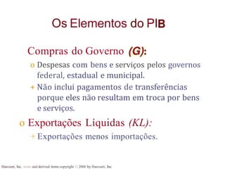Os Elementos do PI
Harcourt, Inc. items and derived items copyright O 20tll by Harcourt, Inc.
Compras do Governo
o Despesas com bens e serviços pelos governos
federal, estadual e municipal.
+ Não inclui pagamentos de transferências
porque eles não resultam em troca por bens
e serviços.
o Exportações Líquidas (KL):
+ Exportações menos importações.
 
