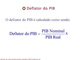 Deflator do PIB
O deGator do PIB é calculado como sendo:
PIB Nominal
x
De0ator do PIB
PIB Real
 