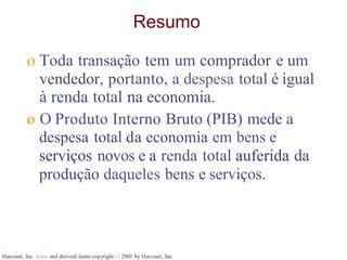 Harcourt, Inc. items and derived items copyright O 20tll by Harcourt, Inc.
Resumo
o Toda transação tem um comprador e um
vendedor, portanto, a despesa total é igual
à renda total na economia.
o O Produto Interno Bruto (PIB) mede a
despesa total da economia em bens e
serviços novos e a renda total auferida da
produção daqueles bens e serviços.
 