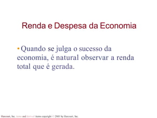 Harcourt, Inc. items and derived items copyright O 20tll by Harcourt, Inc.
Renda e Despesa da Economia
• Quando se julga o sucesso da
economia, é natural observar a renda
total que é gerada.
 