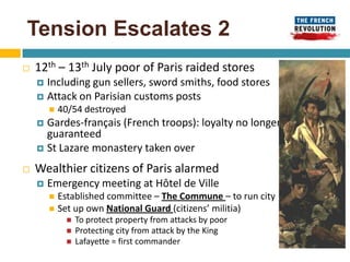 Tension Escalates 2
   12th – 13th July poor of Paris raided stores
     Including gun sellers, sword smiths, food stores
     Attack on Parisian customs posts
           40/54 destroyed
     Gardes-français (French troops): loyalty no longer
      guaranteed
     St Lazare monastery taken over

   Wealthier citizens of Paris alarmed
       Emergency meeting at Hôtel de Ville
         Established committee – The Commune – to run city
         Set up own National Guard (citizens’ militia)
                To protect property from attacks by poor
                Protecting city from attack by the King
                Lafayette = first commander
 