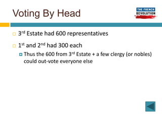 Voting By Head
   3rd Estate had 600 representatives
   1st and 2nd had 300 each
     Thus the 600 from 3rd Estate + a few clergy (or nobles)
      could out-vote everyone else
 