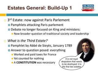 Estates General: Build-Up 1

   3rd Estate: now against Paris Parlement
     Pamphlets attacking Paris parlement
     Debate no longer focused on King and ministers:
       Now broader   question of traditional society and leadership

   What is the Third Estate?
     Pamphlet by Abbé de Sieyès, January 1789
     Answer to question posed: everything
       Worked and  paid taxes for France
       Yet counted for nothing                  It is not royal
                                             despotism that needs
       A CONSTITUTION was necessary
                                             to be destroyed: it is
                                              the first two estates
 