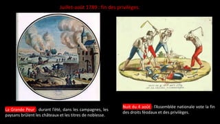La Grande Peur : durant l’été, dans les campagnes, les
paysans brûlent les châteaux et les titres de noblesse.
Nuit du 4 août : l’Assemblée nationale vote la fin
des droits féodaux et des privilèges.
Juillet-août 1789 : fin des privilèges.
 
