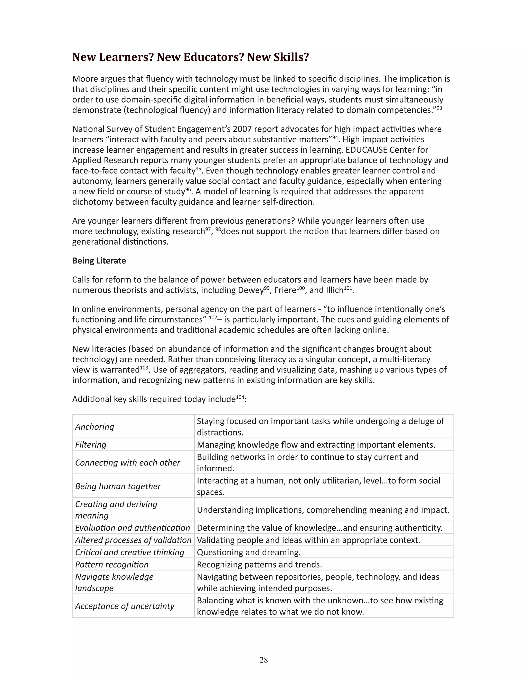 28
New Learners? New Educators? New Skills?
Moore argues that fluency with technology must be linked to specific disciplines. The implication is
that disciplines and their specific content might use technologies in varying ways for learning: “in
order to use domain-specific digital information in beneficial ways, students must simultaneously
demonstrate (technological fluency) and information literacy related to domain competencies.”93
National Survey of Student Engagement’s 2007 report advocates for high impact activities where
learners “interact with faculty and peers about substantive matters”94
. High impact activities
increase learner engagement and results in greater success in learning. EDUCAUSE Center for
Applied Research reports many younger students prefer an appropriate balance of technology and
face-to-face contact with faculty95
. Even though technology enables greater learner control and
autonomy, learners generally value social contact and faculty guidance, especially when entering
a new field or course of study96
. A model of learning is required that addresses the apparent
dichotomy between faculty guidance and learner self-direction.
Are younger learners different from previous generations? While younger learners often use
more technology, existing research97
, 98
does not support the notion that learners differ based on
generational distinctions.
Being Literate
Calls for reform to the balance of power between educators and learners have been made by
numerous theorists and activists, including Dewey99
, Friere100
, and Illich101
.
In online environments, personal agency on the part of learners - “to influence intentionally one’s
functioning and life circumstances” 102
– is particularly important. The cues and guiding elements of
physical environments and traditional academic schedules are often lacking online.
New literacies (based on abundance of information and the significant changes brought about
technology) are needed. Rather than conceiving literacy as a singular concept, a multi-literacy
view is warranted103
. Use of aggregators, reading and visualizing data, mashing up various types of
information, and recognizing new patterns in existing information are key skills.
Additional key skills required today include104
:
Anchoring
Staying focused on important tasks while undergoing a deluge of
distractions.
Filtering Managing knowledge flow and extracting important elements.
Connecting with each other
Building networks in order to continue to stay current and
informed.
Being human together
Interacting at a human, not only utilitarian, level…to form social
spaces.
Creating and deriving
meaning
Understanding implications, comprehending meaning and impact.
Evaluation and authentication Determining the value of knowledge…and ensuring authenticity.
Altered processes of validation Validating people and ideas within an appropriate context.
Critical and creative thinking Questioning and dreaming.
Pattern recognition Recognizing patterns and trends.
Navigate knowledge
landscape
Navigating between repositories, people, technology, and ideas
while achieving intended purposes.
Acceptance of uncertainty
Balancing what is known with the unknown…to see how existing
knowledge relates to what we do not know.
 