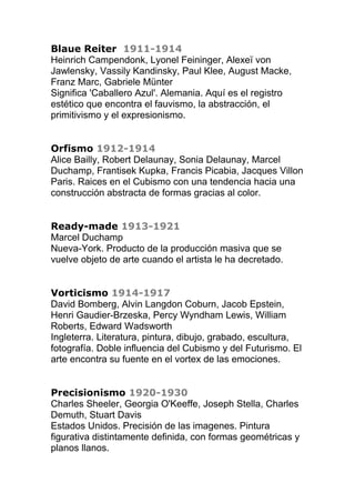 Blaue Reiter 1911-1914
Heinrich Campendonk, Lyonel Feininger, Alexeï von
Jawlensky, Vassily Kandinsky, Paul Klee, August Macke,
Franz Marc, Gabriele Münter
Significa 'Caballero Azul'. Alemania. Aquí es el registro
estético que encontra el fauvismo, la abstracción, el
primitivismo y el expresionismo.
Orfismo 1912-1914
Alice Bailly, Robert Delaunay, Sonia Delaunay, Marcel
Duchamp, Frantisek Kupka, Francis Picabia, Jacques Villon
Paris. Raices en el Cubismo con una tendencia hacia una
construcción abstracta de formas gracias al color.
Ready-made 1913-1921
Marcel Duchamp
Nueva-York. Producto de la producción masiva que se
vuelve objeto de arte cuando el artista le ha decretado.
Vorticismo 1914-1917
David Bomberg, Alvin Langdon Coburn, Jacob Epstein,
Henri Gaudier-Brzeska, Percy Wyndham Lewis, William
Roberts, Edward Wadsworth
Ingleterra. Literatura, pintura, dibujo, grabado, escultura,
fotografía. Doble influencia del Cubismo y del Futurismo. El
arte encontra su fuente en el vortex de las emociones.
Precisionismo 1920-1930
Charles Sheeler, Georgia O'Keeffe, Joseph Stella, Charles
Demuth, Stuart Davis
Estados Unidos. Precisión de las imagenes. Pintura
figurativa distintamente definida, con formas geométricas y
planos llanos.
 
