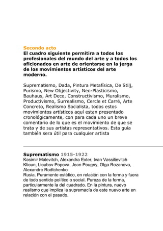Secondo acto
El cuadro siguiente permitira a todos los
profesionales del mundo del arte y a todos los
aficionados en arte de orientarse en la jerga
de los movimientos artísticos del arte
moderno.
Suprematismo, Dada, Pintura Metafísica, De Stilj,
Purismo, New Objectivity, Neo-Plasticismo,
Bauhaus, Art Deco, Constructivismo, Muralismo,
Productivismo, Surrealismo, Cercle et Carré, Arte
Concreto, Realismo Socialista, todos estos
movimientos artísticos aquí estan presentado
cronológicamente, con para cada uno un breve
comentario de lo que es el movimiento de que se
trata y de sus artistas representativos. Esta guía
también sera útil para cualquier artista
contemporáneo así que los coleccionistas, las
galerías, los críticos y el público en general.
Suprematismo 1915-1922
Kasimir Malevitch, Alexandra Exter, Ivan Vassilievitch
Klioun, Lioubov Popova, Jean Pougny, Olga Rozanova,
Alexandre Rodtchenko
Rusia. Puramente estético, en relación con la forma y fuera
de todo sentido político o social. Pureza de la forma,
particularmente la del cuadrado. En la pintura, nuevo
realismo que implica la supremacía de este nuevo arte en
relación con el pasado.
 