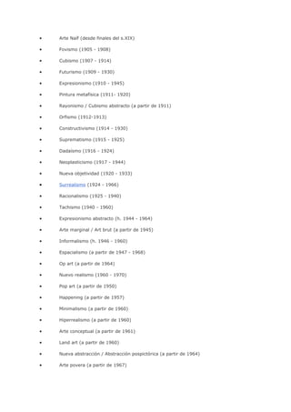 • Arte Naíf (desde finales del s.XIX)
• Fovismo (1905 - 1908)
• Cubismo (1907 - 1914)
• Futurismo (1909 - 1930)
• Expresionismo (1910 - 1945)
• Pintura metafísica (1911- 1920)
• Rayonismo / Cubismo abstracto (a partir de 1911)
• Orfismo (1912-1913)
• Constructivismo (1914 - 1930)
• Suprematismo (1915 - 1925)
• Dadaísmo (1916 - 1924)
• Neoplasticismo (1917 - 1944)
• Nueva objetividad (1920 - 1933)
• Surrealismo (1924 - 1966)
• Racionalismo (1925 - 1940)
• Tachismo (1940 - 1960)
• Expresionismo abstracto (h. 1944 - 1964)
• Arte marginal / Art brut (a partir de 1945)
• Informalismo (h. 1946 - 1960)
• Espacialismo (a partir de 1947 - 1968)
• Op art (a partir de 1964)
• Nuevo realismo (1960 - 1970)
• Pop art (a partir de 1950)
• Happening (a partir de 1957)
• Minimalismo (a partir de 1960)
• Hiperrealismo (a partir de 1960)
• Arte conceptual (a partir de 1961)
• Land art (a partir de 1960)
• Nueva abstracción / Abstracción pospictórica (a partir de 1964)
• Arte povera (a partir de 1967)
 