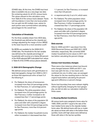 Causa Justa :: Just Cause | 103
(CHAS) data. At this time, the CHAS tract-level
data is available only as a very large raw data
file containing values for all U.S. census tracts.
The values relevant to this calculation come
from Table 8 of the census tracts dataset. Tracts
with boundaries in more than one local jurisdic-
tion are split into 60 multiple rows; values for
each portion were summed before calculating
percentages for the overall tract.
Calculation of thresholds
For the three variables drawn from ACS data,
the threshold was defined as the citywide per-
centage adjusted by the margin of error (MOE)
to the lower bound for a more sensitive cutoff.
No MOEs are available for the 2006-2010
CHAS data. The threshold for the last variable
was defined as the citywide percentage of
households with incomes at or below 80 percent
of the HUD-adjusted MFI (calculated from values
in Table 8 of the CHAS census places dataset).
2. 2000-2010 Demographic Change
We defined census tracts with gentrification-re-
lated demographic change from 2000 to 2011
as those that experienced either at least 3 of
the following 4:
33 For Oakland, the share of homeowners
increased more than 0.4 percentage points;
for San Francisco, 2.1 percentage points
33 For Oakland, The white population share
increased more 3.0 percentage points; for
San Francisco, it either increased or de-
creased less than 1.7 percentage points
33 For Oakland, the share of the population 25
years and older with a bachelor’s degree
increased more than 6.3 percentage points;
for San Francisco, more than 6.4 percent-
age points
33 For Oakland, the median household income
either increased or it decreased less than
1.1 percent; for San Francisco, is increased
more than 2.6 percent
33 or experienced only 2 out of 4, which were:
33 For Oakland, The white population share
increased more 3.0 percentage points; for
San Francisco, it either increased or de-
creased less than 1.7 percentage points
33 For Oakland, the share of the population 25
years and older with a bachelor’s degree
increased more than 6.3 percentage points;
for San Francisco, more than 6.4 percent-
age points
Data sources
Data for 2000 and 2011 was drawn from the
2000 Decennial Census and 2007-2011 ACS
estimates, respectively. We converted 2000
median household income values to 2011 dol-
lars before calculating the percent change.
Census tract boundary changes
There were a few instances where tract bound-
aries changed between 2000 and 2011; one
tract was split into two, or two tracts were
combined into one. In either case, we averaged
the values for the two resulting tracts or the two
original tracts before calculating the percent-
age-point difference or percent change.
Some tract boundary lines were redrawn slightly
without significantly changing the tract geogra-
phy; we did not alter our calculation method for
these cases.
3. Housing Market Conditions
All census tracts were assigned a home value for
1990, 2000, and 2011 equal to the ratio of the
tract median home value to the citywide median
home value. We defined tracts with low or moder-
ate values as those with ratios in the bottom three
quintiles; tracts with high values were defined as
those with ratios in the top two quintiles.
 