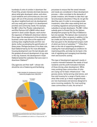 Causa Justa :: Just Cause | 33
hundreds of units of condos in downtown like
Forest City, private interests dominate decisions
about what gets developed, where, and when.
Local residents and communities are, time and
again, left out of the process and decision mak-
ing about neighborhood and city development
and very rarely get to weigh in on development
priorities and community needs. For example,
the $91 million Fox Theater redevelopment,
and Ellis Partners LLC’s $400 million devel-
opment in Jack London Square, each anchor
the expansion of Oakland’s downtown district.
Once again the development of the downtown
business center was done at the expense of
working-class neighborhoods and their resi-
dents, further accelerating the gentrification of
these areas. Perhaps because of its sheer size,
East Oakland had by far the most affordable
housing development over the last decade and
the greatest all-around development of any area
in the city; however, the development in East
Oakland lacked the subsidies that were seen in
downtown Oakland.75
City agencies and their staff — whose role
should be one of balancing and facilitating
processes to ensure that the varied interests
and needs are considered in these development
process — often conciliate to the demands of
private investors, who threaten to take their cap-
ital and projects elsewhere if they do not get the
deal they want. In order to encourage private
investment, cities often ease existing land use
or building regulations and provide generous
subsidies to private developers. The $61 million
subsidy given to Forest City for the Uptown
development project by the City of Oakland is
but one example. The Uptown also received an
additional $1 million via grants in addition to the
tax credits and Tax Increment Financing (TIF)
that was given to the development project, both
of which are forms of subsidies.76, 77
Cities then
take on the role of supporting developers in
creating the most advantageous conditions for
maximizing profits, and step too far back in the
role of regulating and managing local develop-
ment and economic activity.
This type of development approach results in
a severe mismatch between the needs of local
residents and the profit-motivated interests
of those driving urban development. While
many working-class communities of color
are crying out for basic infrastructure — like
grocery stores, family-serving retail stores, and
low-cost housing for a range of family sizes —
what often ends up in these neighborhoods
are new businesses and services designed to
serve incoming residents. For most working-
class communities of color, the arrival of
Shut Down ICE And The Financial District, San Francisco
 