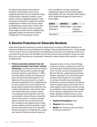 | Development Without Displacement60
be implemented citywide, these policies
should be implemented as soon as any
neighborhood within the city reaches the stage
of gentrification indicated. In addition, some
policies include a suggested staging of “early
and always” as they do not depend on specific
neighborhood conditions and may be critical
to establishing an environment in which other
anti-displacement efforts will be successful.
These stages correlate with the neighborhood
typologies analysis and definitions outlined
in Appendix A. For the purpose of these
recommendations, we have grouped the
neighborhood types into three broad stages:
Early, Middle, and Late. The below table outlines
which neighborhood types fall under each of
these stages:
EARLY MIDDLE LATE
Susceptible Middle stages Late stages
Early type 1 Ongoing
gentrification
Early type 2
A. Baseline Protections for Vulnerable Residents
Implementing baseline protections to prevent displacement of existing vulnerable residents is an
essential foundation for any anti-displacement strategy. These include protections to: 1) keep people
in their homes in the face of gentrification and displacement pressures from landlords and the hous-
ing market; 2) ensure that new affordable housing resources are made available to those who need
them most; and 3) provide just compensation measures to assist residents with relocation in cases
of displacement.
1.	 Protect vulnerable residents from dis-
placement through “Just Cause” eviction
ordinances. Local data and existing research
has shown that evictions increase as neigh-
borhoods experience gentrification.177
When
housing markets are tight and residents are
given minimal warning and support to find
replacement housing, evictions can lead to
permanent displacement from neighborhoods.
In order to prevent low-income tenants from
being unfairly evicted by their landlords in the
context of gentrification, cities should imple-
ment these ordinances to protect tenants
in all residential rental properties within the
city. Included in these ordinances should be
a list of “just causes” for eviction and legal
rights for tenants who are faced with evic-
tion, including a clear legal process for filing
eviction petitions as well as penalties, includ-
ing fees and limited access to tax and other
financial assistance, for landlords who unjustly
evict tenants. Ordinances should require an
adequate window of time, at least 30 days,
is given for tenants to respond to eviction no-
tices. Relocation benefits should be required
for all “no-fault” evictions (including Owner
Move-In, Ellis Act, capital improvement/reha-
bilitation, demolition, and code enforcement
activities). See A4 below for more details
on relocation benefits recommendations.
Furthermore, evictions should be prohibited in
cases of building seizure and transfer due to
code violations, and no-fault evictions should
be prohibited for those particularly vulnerable
to the impacts of displacement, such as the
elderly, disabled, pregnant women, house-
holds with infants, and chronically ill tenants.
33 Implementing Agency: Cities
33 Staging: Early and always
33 Model: San Francisco, CA: Just Cause
for Eviction ordinance178
 