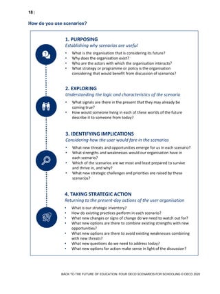 18 
BACK TO THE FUTURE OF EDUCATION: FOUR OECD SCENARIOS FOR SCHOOLING © OECD 2020
How do you use scenarios?
HOW DO YOU USE THE SCENARIOS?1. PURPOSING
Establishing why scenarios are useful
• What is the organisation that is considering its future?
• Why does the organisation exist?
• Who are the actors with which the organisation interacts?
• What strategy or programme or policy is the organisation
considering that would benefit from discussion of scenarios?
2. EXPLORING
Understanding the logic and characteristics of the scenario
• What signals are there in the present that they may already be
coming true?
• How would someone living in each of these worlds of the future
describe it to someone from today?
3. IDENTIFYING IMPLICATIONS
Considering how the user would fare in the scenarios
• What new threats and opportunities emerge for us in each scenario?
• What strengths and weaknesses would our organisation have in
each scenario?
• Which of the scenarios are we most and least prepared to survive
and thrive in, and why?
• What new strategic challenges and priorities are raised by these
scenarios?
4. TAKING STRATEGIC ACTION
Returning to the present-day actions of the user organisation
• What is our strategic inventory?
• How do existing practices perform in each scenario?
• What new changes or signs of change do we need to watch out for?
• What new options are there to combine existing strengths with new
opportunities?
• What new options are there to avoid existing weaknesses combining
with new threats?
• What new questions do we need to address today?
• What new options for action make sense in light of the discussion?
 