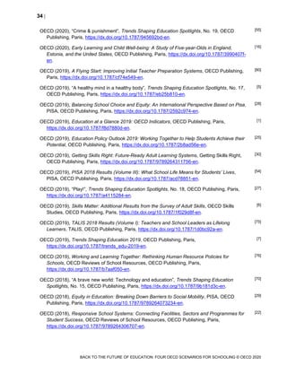 34 
BACK TO THE FUTURE OF EDUCATION: FOUR OECD SCENARIOS FOR SCHOOLING © OECD 2020
OECD (2020), “Crime & punishment”, Trends Shaping Education Spotlights, No. 19, OECD
Publishing, Paris, https://dx.doi.org/10.1787/945692bd-en.
[55]
OECD (2020), Early Learning and Child Well-being: A Study of Five-year-Olds in England,
Estonia, and the United States, OECD Publishing, Paris, https://dx.doi.org/10.1787/3990407f-
en.
[16]
OECD (2019), A Flying Start: Improving Initial Teacher Preparation Systems, OECD Publishing,
Paris, https://dx.doi.org/10.1787/cf74e549-en.
[80]
OECD (2019), “A healthy mind in a healthy body”, Trends Shaping Education Spotlights, No. 17,
OECD Publishing, Paris, https://dx.doi.org/10.1787/eb25b810-en.
[5]
OECD (2019), Balancing School Choice and Equity: An International Perspective Based on Pisa,
PISA, OECD Publishing, Paris, https://dx.doi.org/10.1787/2592c974-en.
[28]
OECD (2019), Education at a Glance 2019: OECD Indicators, OECD Publishing, Paris,
https://dx.doi.org/10.1787/f8d7880d-en.
[1]
OECD (2019), Education Policy Outlook 2019: Working Together to Help Students Achieve their
Potential, OECD Publishing, Paris, https://dx.doi.org/10.1787/2b8ad56e-en.
[25]
OECD (2019), Getting Skills Right: Future-Ready Adult Learning Systems, Getting Skills Right,
OECD Publishing, Paris, https://dx.doi.org/10.1787/9789264311756-en.
[30]
OECD (2019), PISA 2018 Results (Volume III): What School Life Means for Students’ Lives,
PISA, OECD Publishing, Paris, https://dx.doi.org/10.1787/acd78851-en.
[54]
OECD (2019), “Play!”, Trends Shaping Education Spotlights, No. 18, OECD Publishing, Paris,
https://dx.doi.org/10.1787/a4115284-en.
[27]
OECD (2019), Skills Matter: Additional Results from the Survey of Adult Skills, OECD Skills
Studies, OECD Publishing, Paris, https://dx.doi.org/10.1787/1f029d8f-en.
[6]
OECD (2019), TALIS 2018 Results (Volume I): Teachers and School Leaders as Lifelong
Learners, TALIS, OECD Publishing, Paris, https://dx.doi.org/10.1787/1d0bc92a-en.
[75]
OECD (2019), Trends Shaping Education 2019, OECD Publishing, Paris,
https://dx.doi.org/10.1787/trends_edu-2019-en.
[7]
OECD (2019), Working and Learning Together: Rethinking Human Resource Policies for
Schools, OECD Reviews of School Resources, OECD Publishing, Paris,
https://dx.doi.org/10.1787/b7aaf050-en.
[76]
OECD (2018), “A brave new world: Technology and education”, Trends Shaping Education
Spotlights, No. 15, OECD Publishing, Paris, https://dx.doi.org/10.1787/9b181d3c-en.
[70]
OECD (2018), Equity in Education: Breaking Down Barriers to Social Mobility, PISA, OECD
Publishing, Paris, https://dx.doi.org/10.1787/9789264073234-en.
[29]
OECD (2018), Responsive School Systems: Connecting Facilities, Sectors and Programmes for
Student Success, OECD Reviews of School Resources, OECD Publishing, Paris,
https://dx.doi.org/10.1787/9789264306707-en.
[22]
 