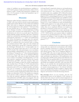 Vohra, et al.: CD4 cells as a prognostic marker in HIV patients
Journal of Family Medicine and Primary Care	 2434	 Volume 9 : Issue 5 : May 2020
variant of candidiasis was pseudomembranous candidiasis in
total 9 (52.9%) patients (5 males and 4 females), while 6 (35.2%)
patients (5 males, 1 female) had erythematous candidiasis and
only 2 (11.7%) patients (2 males) had hyperplastic type of
candidiasis [Table 4].
Discussion
Numerous studies had been conducted to find the correlation
of CD4+ cells count with the oral and systemic manifestations
in HIV positive patients. Results of these studies had established
CD4+ cells count as a diagnostic and prognostic marker for
the immunosuppression in these patients.[8‑11]
Oral cavity being
the most dynamic part of the whole body get predispose to
severe infections secondary to immunosuppression resulting
in various HIV associated oral manifestations.[12]
These oral
manifestations not only serve as an early sign of this infection
but also clinically correlates with CD4+ cells count.[13]
 Numerous
studies have concluded that oral manifestations are of diagnostic
and prognostic importance.[10,11,13,14]
These oral manifestations
have shown discrepancies depending upon the regional/
geographical variations and over different period of time.[6,15]
Hence, we conducted this cross‑sectional study to evaluate
the correlation between CD4+ cells count with orofacial and
systemic manifestations among HIV seropositive patients in
the third‑largest Metropolis city of western Indian state of
Gujarat. In the present study, there were 57 (57%) males and
43 (43%) females. This male predominance was in accordance
with the findings of Ranganathan et al.[16]
but was in contrast to
the findings of Annapurna et al.,[10]
where female predominance
was present. In our study, there was no significant difference
in the average CD4+ cells count of males and females, which
was in contrast to the findings of the Ranganathan et al.[8]
Our
study reported a significant correlation between the systemic
manifestations and CD4+ cells count categories. There were
29 males and 19 females in which the systemic manifestations
were recorded. Out of 29 males, 21 (72.4%) had tuberculosis
followed by 3 (10.3%) cases of herpes zoster, 2 (6.8%) cases of
pneumonia, and 1 (3.4%) case of typhoid, jaundice, and malaria
each. Out of 19 females, 13 (68.4%) had tuberculosis and
2 (10.5%) cases of pneumonia, anemia, and typhoid each. The
most common systemic manifestation in HIV positive males and
females was tuberculosis (70.4%). This finding was congruent
to the previous studies conducted by Ranganathan  et al.[8,16]
Our study also reported a significant correlation between the
oral manifestations and CD4+ cells count categories. The oral
manifestations were seen in 30 (88.2%) and 54 (99%) individuals
in Groups B and C, respectively, whereas no oral manifestations
were noted in Group A. A total of 84 (84%) patients had
oral manifestations. The common oral manifestations
recorded in males were, candidiasis (25%) followed by chronic
generalized periodontitis (22.9%), aphthous stomatitis (16.6%),
gingivitis (10.4%), and premalignant lesions (8.3%). The common
oral manifestations recorded in females were candidiasis (13.8%)
and aphthous stomatitis (13.8%) followed by chronic generalized
periodontitis (8.3%), gingivitis (11.1%), and premalignant
lesions (5.5%). A brief comparison of other oral manifestations
in HIV positive patients in our study and the previous studies
conducted in Asia[15]
is shown in Table 4. Unlike the previous
studies, there was no significant difference was found in the
prevalence of oral lesions in both sexes in our study.[16,17‑21]
The
most common oral manifestation in males and females was
found to be candidiasis (19.4%) with the average CD4 cells count
of 191 ± 120.05 and the most common variant of candidiasis
encountered was pseudomembranous type. These results are
consistent with findings of other investigators who examined
oral lesions and conditions associated with HIV positive
patients.[8,14,18‑26]
Conclusion
In our study, we concluded that the most common cause of HIV
among males was unprotected sexual practices with multiple
partners including commercial sex workers by heterosexual
route and most of women had acquired HIV infection from
their infected spouses. There was no significant difference in
the average CD4+ cells count of males and females. The most
common systemic manifestation of HIV positive patients in both
males and females was tuberculosis. Oral manifestations were
recorded in almost all HIV positive patients with CD4 cells count
below 500. There was equal prevalence of oral manifestations in
both genders. Most common oral manifestation in both males
and females was candidiasis with CD4+ cells count below 200.
Hence, we can conclude that oral manifestations/lesions are
the hallmarks of this infection. It directly reflects the extent
of systemic immunosuppression of the infected individual.
Therefore, oral physician should be capable to diagnose these
lesions and should provide guidance to the patient for the early
diagnosis and treatment of this life‑threatening infection.
Key message:  Hence, we can conclude  that the oral
manifestations/lesions are the hallmark of HIV infection. It
directly reflects the extent of systemic immunosuppression of
the infected individual. Therefore, oral and general physician
Table 4: Most common oral manifestation in males and females of HIV positive patients
Oral Manifestations Total (n=84) Males (n=48) Females (n=36) Avg CD4 cells Count Std Deviation
Candidiasis 17 12 5 191.76 120.05
Chronic Generalized Periodontitis 14 11 3 322.466 219.14
Aphthous 13 8 5 130.08 77.35
Melanosis 10 5 5 244.7 182.33
Gingivitis 9 5 4 553.4 273.96
Premalignant Lesions 6 4 2 221.857 99.8
[Downloaded free from http://www.jfmpc.com on Sunday, May 31, 2020, IP: 183.83.46.254]
 
