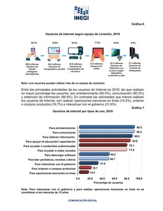 COMUNICACIÓN SOCIAL
Gráfica 6
Usuarios de Internet según equipo de conexión, 2018
Nota: Los usuarios pueden utilizar más d...