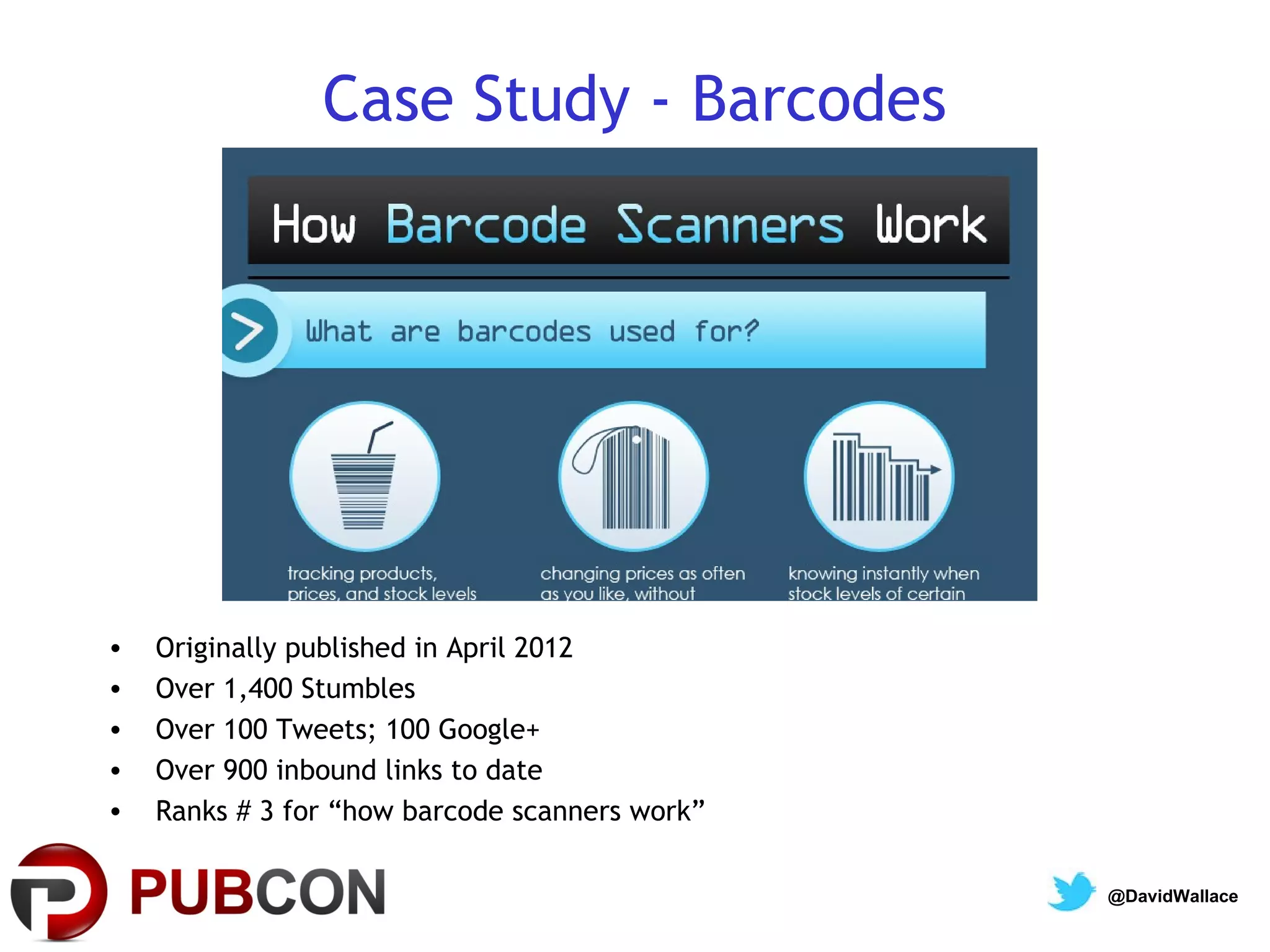 Case Study - Barcodes




•   Originally published in April 2012
•   Over 1,400 Stumbles
•   Over 100 Tweets; 100 Google+
•   Over 900 inbound links to date
•   Ranks # 3 for “how barcode scanners work”

                                                @DavidWallace
 
