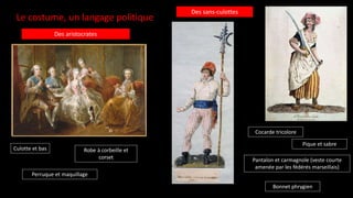Le costume, un langage politique
Des aristocrates
Des sans-culottes
Culotte et bas
Perruque et maquillage
Robe à corbeille et
corset
Cocarde tricolore
Pique et sabre
Pantalon et carmagnole (veste courte
amenée par les fédérés marseillais)
Bonnet phrygien
 