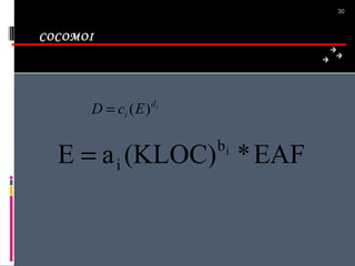 COCOMOI
30
id
i EcD )(=
EAF*(KLOC)aE ib
i=
 