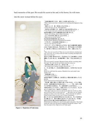 10
back memories of the past. He reveals his secret to her and, to his horror, his wife turns
into the snow woman before his eyes:
「お前の顔を見ていると、昔のことを思い出すんだよ。」
“When I look at your face, it reminds me of something that happened a long
time ago.”
「昔のことって、昔、何かあったんですか。」
“A long time ago, you say, what happened?”
「あれは18才の時だった。お前によく似た女を見たんだよ。」
“I was 18 years old, I saw a woman who looked just like you.”
おゆきは顔を上げずに仕事を続けながら言いました。
“Oyuki, still working, asked without looking up.
「どこでその方をご覧になったんですか。」
“Where did you see this woman?”
巳之吉はあの約束を思い出しました。
At that moment, Minokichi remembered his promise.
「いやいや、これはお前にも言えない。」
“No no, I can’t tell even you that.”
「どうして、どうして言えないんですか。私たち夫婦の間に秘密な
どないではありませんか。今までだって、何でもお互いに打ち明け
て、助け合って来たんじゃありませんか。さあ、お話しになって。
」
“Why, why can’t you tell me? There are no secrets between a husband and
wife. Up to now, we’ve always told each other everything and helped each
other. Go on tell me!”
あまりにも強く言われたので、巳之吉はとうとうあの晩のことを全
部話してしまいました。あの晩の寒さ、恐さ、それにあの女のこと
も。
Since she insisted so strongly, Minokichi finally told her everything about
that night. The cold, the fear and finally about the woman too.
「あの女は人間じゃなかった。あれは一体。。。。」
“The woman wasn’t human. I wonder what she was…….”
と、そこまで話して、巳之吉は驚きのあまり、口がきけなくなりま
した。
Before he could finish the sentence, Minokichi froze and couldn’t utter
another word.
「約束を破ったな。」
“You broke our promise!”
おゆきの姿がいつの間にか、あの恐ろしい雪女の姿に変わっていた
のです。
Oyuki turned into the terrifying Snow-woman.
「あの時、誰かに話したら殺すと言っておいたのに、どうして話し
たのだ。お前を殺さなければならない。。。。。でも、あそこに寝
ている子供たちを見ると、今、お前を殺すことはできない。。。。
子供を大切にしてください。子供にやさしくしてください。もしや
さしくしなかったら、私はすぐにわかる。。。。。」
“That night, I told you if you ever told anyone about me, I’d kill you. Why
did you tell me? Now I’ve got to kill you……..But when I see our children
sleeping over there, now I can’t kill you…..Please look after our children.
Please be kind to them. If you’re not, I’ll know immediately……..”
話しているうちにおゆきの声は小さくなりました。そしておゆきは
白い霧になって、窓から静かに出て行ってしまいました。その後、
村の人たちは二度とおゆきの姿を見なかったそうです。
While Oyuki was talking, her voice became quieter and quieter. Then Oyuki
turned into white mist and quietly disappeared through the window. After
that, the people of the village never saw Oyuki again.
Figure 1. Depiction of Yuki-onna
 