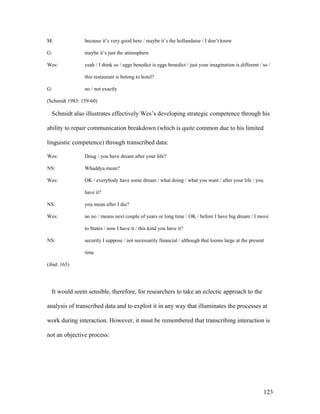 123
M: because it’s very good here / maybe it’s the hollandaise / I don’t know
G: maybe it’s just the atmosphere
Wes: yeah / I think so / eggs benedict is eggs benedict / just your imagination is different / so /
this restaurant is belong to hotel?
G: no / not exactly
(Schmidt 1983: 159-60)
Schmidt also illustrates effectively Wes’s developing strategic competence through his
ability to repair communication breakdown (which is quite common due to his limited
linguistic competence) through transcribed data:
Wes: Doug / you have dream after your life?
NS: Whaddya mean?
Wes: OK / everybody have some dream / what doing / what you want / after your life / you
have it?
NS: you mean after I die?
Wes: no no / means next couple of years or long time / OK / before I have big dream / I move
to States / now I have it / this kind you have it?
NS: security I suppose / not necessarily financial / although that looms large at the present
time
(ibid: 165)
It would seem sensible, therefore, for researchers to take an eclectic approach to the
analysis of transcribed data and to exploit it in any way that illuminates the processes at
work during interaction. However, it must be remembered that transcribing interaction is
not an objective process:
 