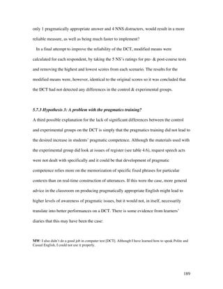 189
only 1 pragmatically appropriate answer and 4 NNS distracters, would result in a more
reliable measure, as well as being much faster to implement?
In a final attempt to improve the reliability of the DCT, modified means were
calculated for each respondent, by taking the 5 NS’s ratings for pre-  post-course tests
and removing the highest and lowest scores from each scenario. The results for the
modified means were, however, identical to the original scores so it was concluded that
the DCT had not detected any differences in the control  experimental groups.
5.7.3 Hypothesis 3: A problem with the pragmatics training?
A third possible explanation for the lack of significant differences between the control
and experimental groups on the DCT is simply that the pragmatics training did not lead to
the desired increase in students’ pragmatic competence. Although the materials used with
the experimental group did look at issues of register (see table 4.6), request speech acts
were not dealt with specifically and it could be that development of pragmatic
competence relies more on the memorization of specific fixed phrases for particular
contexts than on real-time construction of utterances. If this were the case, more general
advice in the classroom on producing pragmatically appropriate English might lead to
higher levels of awareness of pragmatic issues, but it would not, in itself, necessarily
translate into better performances on a DCT. There is some evidence from learners’
diaries that this may have been the case:
MW: I also didn’t do a good job in computer test [DCT]. Although I have learned how to speak Polite and
Casual English, I could not use it properly.
 