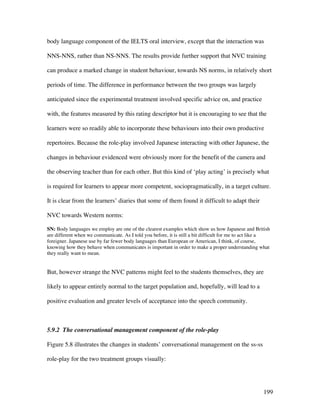 199
body language component of the IELTS oral interview, except that the interaction was
NNS-NNS, rather than NS-NNS. The results provide further support that NVC training
can produce a marked change in student behaviour, towards NS norms, in relatively short
periods of time. The difference in performance between the two groups was largely
anticipated since the experimental treatment involved specific advice on, and practice
with, the features measured by this rating descriptor but it is encouraging to see that the
learners were so readily able to incorporate these behaviours into their own productive
repertoires. Because the role-play involved Japanese interacting with other Japanese, the
changes in behaviour evidenced were obviously more for the benefit of the camera and
the observing teacher than for each other. But this kind of ‘play acting’ is precisely what
is required for learners to appear more competent, sociopragmatically, in a target culture.
It is clear from the learners’ diaries that some of them found it difficult to adapt their
NVC towards Western norms:
SN: Body languages we employ are one of the clearest examples which show us how Japanese and British
are different when we communicate. As I told you before, it is still a bit difficult for me to act like a
foreigner. Japanese use by far fewer body languages than European or American, I think, of course,
knowing how they behave when communicates is important in order to make a proper understanding what
they really want to mean.
But, however strange the NVC patterns might feel to the students themselves, they are
likely to appear entirely normal to the target population and, hopefully, will lead to a
positive evaluation and greater levels of acceptance into the speech community.
5.9.2 The conversational management component of the role-play
Figure 5.8 illustrates the changes in students’ conversational management on the ss-ss
role-play for the two treatment groups visually:
 