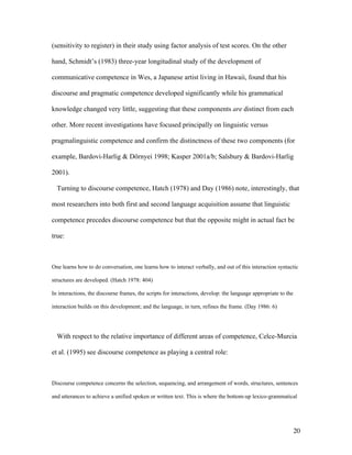20
(sensitivity to register) in their study using factor analysis of test scores. On the other
hand, Schmidt’s (1983) three-year longitudinal study of the development of
communicative competence in Wes, a Japanese artist living in Hawaii, found that his
discourse and pragmatic competence developed significantly while his grammatical
knowledge changed very little, suggesting that these components are distinct from each
other. More recent investigations have focused principally on linguistic versus
pragmalinguistic competence and confirm the distinctness of these two components (for
example, Bardovi-Harlig & Dörnyei 1998; Kasper 2001a/b; Salsbury & Bardovi-Harlig
2001).
Turning to discourse competence, Hatch (1978) and Day (1986) note, interestingly, that
most researchers into both first and second language acquisition assume that linguistic
competence precedes discourse competence but that the opposite might in actual fact be
true:
One learns how to do conversation, one learns how to interact verbally, and out of this interaction syntactic
structures are developed. (Hatch 1978: 404)
In interactions, the discourse frames, the scripts for interactions, develop: the language appropriate to the
interaction builds on this development; and the language, in turn, refines the frame. (Day 1986: 6)
With respect to the relative importance of different areas of competence, Celce-Murcia
et al. (1995) see discourse competence as playing a central role:
Discourse competence concerns the selection, sequencing, and arrangement of words, structures, sentences
and utterances to achieve a unified spoken or written text. This is where the bottom-up lexico-grammatical
 