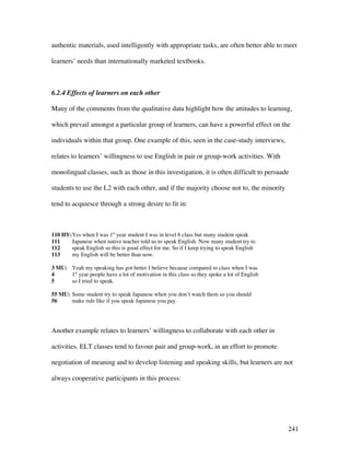 241
authentic materials, used intelligently with appropriate tasks, are often better able to meet
learners’ needs than internationally marketed textbooks.
6.2.4 Effects of learners on each other
Many of the comments from the qualitative data highlight how the attitudes to learning,
which prevail amongst a particular group of learners, can have a powerful effect on the
individuals within that group. One example of this, seen in the case-study interviews,
relates to learners’ willingness to use English in pair or group-work activities. With
monolingual classes, such as those in this investigation, it is often difficult to persuade
students to use the L2 with each other, and if the majority choose not to, the minority
tend to acquiesce through a strong desire to fit in:
110 HY:Yes when I was 1st
year student I was in level 6 class but many student speak
111 Japanese when native teacher told us to speak English. Now many student try to
112 speak English so this is good effect for me. So if I keep trying to speak English
113 my English will be better than now.
3 MU: Yeah my speaking has got better I believe because compared to class when I was
4 1st
year people have a lot of motivation in this class so they spoke a lot of English
5 so I tried to speak.
55 MU: Some student try to speak Japanese when you don’t watch them so you should
56 make rule like if you speak Japanese you pay.
Another example relates to learners’ willingness to collaborate with each other in
activities. ELT classes tend to favour pair and group-work, in an effort to promote
negotiation of meaning and to develop listening and speaking skills, but learners are not
always cooperative participants in this process:
 