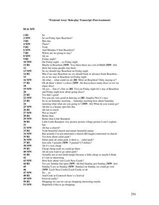 254
‘Weekend Away’ Role-play Transcript (Post-treatment)
RI  MW
1 RI: So
2 MW: So on Friday 6pm Beachton?
3 RI: Mm this
4 MW: There?
5 RI: Yeah
6 MW: And Monday 9 9am Beachton?
7 RI: Where are we going to stay?
8 MW: Ah on
9 RI: Friday night?
10 MW: On Friday night… so Friday night
11 RI: Maybe in Beachton [MW: Yes] there there are a lot of BB [MW: Ah]
12 there but many people stay there
13 MW: So we should stay Beachton on Friday night
14 RI: Mm if we stay Beachton we we should book in advance book Beachton…
15 we so we stay in Beachton on Friday night
16 MW: Ah what… what could we do [RI: Mm] on Beachton? Only staying or?
17 RI: Oh ah there’s there’s a disco [MW: Ah disco] disco many disco so we we
18 enjoy disco
19 MW: Ah yes… fine it’s fine so [RI: Yes] on Friday night let’s stay at Beachton
20 and Friday night how about going disco?
21 RI: Yes that’s good
22 MW: Yes you are very good at dancing so [RI: (laughs) No] it’s nice
23 RI: So so on Saturday morning… Saturday morning how about Saturday
24 morning what what are you going to? [MW: Ah] What do you wanna go?
25 MW: Ah this is a beauty spot this this
26 RI: Ah not so much
27 MW: Not so much?
28 RI: Better than
29 MW: Better than Little Bampton
30 RI: Little Little Bampton very picture picture village picture I can’t explain
31 but
32 MW: Ah has a church?
33 RI: Yeah beautiful church and nature beautiful nature
34 MW: But actually I’m not interested a church (RI laughs) interested in church
35 RI: Yes how about safari park?
36 MW: Safari park ah safari park is there a… safari park?
37 RI: Just only 5 pounds [MW: 5 pounds?] 5 dollars?
38 MW: Ah it’s very cheap
39 RI: Cheap cheap yeah we could go there
40 MW: Ah do you want to go safari park?
41 RI: Actually not so not (both laugh) because a little cheap so maybe I think
42 it’s not so interesting
43 MW: How how about visit Loch Ness Castle?
44 RI: Yes yes Sunday but open [MW: Ah but] Sunday just Sunday [MW: Just
45 Sunday?] yes so Sunday [MW: Sunday] on Sunday we could go visit
46 [MW: Loch Ness Castle] Loch Castle so ah
47 MW: So… so
48 RI: And Cook in Cookwell there’s a festival
49 MW: Festival really?
50 RI: Shopping we can we can go shopping interesting maybe
51 MW: Hopefully I like to go shopping
 