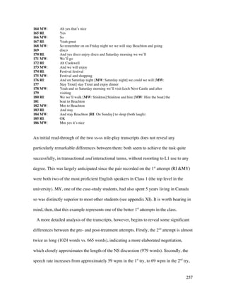 257
164 MW: Ah yes that’s nice
165 RI: Yes
166 MW: So
167 RI: Yeah great
168 MW: So remember on on Friday night we we will stay Beachton and going
169 disco
170 RI: And yes disco enjoy disco and Saturday morning we we’ll
171 MW: We’ll go
172 RI: Ah Cookwell
173 MW: And we will enjoy
174 RI: Festival festival
175 MW: Festival and shopping
176 RI: And on Saturday night [MW: Saturday night] we could we will [MW:
177 Stay Trout] stay Trout and enjoy dinner
178 MW: Yeah and so Saturday morning we’ll visit Loch Ness Castle and after
179 visiting
180 RI: We we’ll walk [MW: Stinkton] Stinkton and hire [MW: Hire the boat] the
181 boat to Beachton
182 MW: Mm to Beachton
183 RI: And stay
184 MW: And stay Beachton [RI: On Sunday] to sleep (both laugh)
185 RI: OK
186 MW: Mm yes it’s nice
An initial read-through of the two ss-ss role-play transcripts does not reveal any
particularly remarkable differences between them: both seem to achieve the task quite
successfully, in transactional and interactional terms, without resorting to L1 use to any
degree. This was largely anticipated since the pair recorded on the 1st
attempt (RI MY)
were both two of the most proficient English speakers in Class 1 (the top level in the
university). MY, one of the case-study students, had also spent 5 years living in Canada
so was distinctly superior to most other students (see appendix XI). It is worth bearing in
mind, then, that this example represents one of the better 1st
attempts in the class.
A more detailed analysis of the transcripts, however, begins to reveal some significant
differences between the pre- and post-treatment attempts. Firstly, the 2nd
attempt is almost
twice as long (1024 words vs. 665 words), indicating a more elaborated negotiation,
which closely approximates the length of the NS discussion (979 words). Secondly, the
speech rate increases from approximately 59 wpm in the 1st
try, to 69 wpm in the 2nd
try,
 
