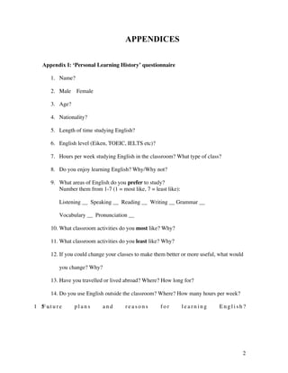 2
APPENDICES
Appendix I: ‘Personal Learning History’ questionnaire
1. Name?
2. Male Female
3. Age?
4. Nationality?
5. Length of time studying English?
6. English level (Eiken, TOEIC, IELTS etc)?
7. Hours per week studying English in the classroom? What type of class?
8. Do you enjoy learning English? Why/Why not?
9. What areas of English do you prefer to study?
Number them from 1-7 (1 = most like, 7 = least like):
Listening __ Speaking __ Reading __ Writing __ Grammar __
Vocabulary __ Pronunciation __
10. What classroom activities do you most like? Why?
11. What classroom activities do you least like? Why?
12. If you could change your classes to make them better or more useful, what would
you change? Why?
13. Have you travelled or lived abroad? Where? How long for?
14. Do you use English outside the classroom? Where? How many hours per week?
1 5 .F u t u r e p l a n s a n d r e a s o n s f o r l e a r n i n g E n g l i s h ?
 