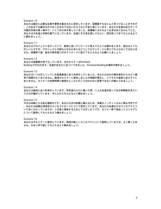 5
Scenario 10
あなたは論文に必要な記事や書物を集めるのに苦労しています。図書館でもほとんど見つけることができず
、このままでは論文がかけなくなるのではないだろうかと不安に感じています。あなたの友達は似たテーマ
の論文作成の真っ最中で、いくつかの本を買っていました。図書館にはそのような本はありませんでした。
あなたは今友達と学部の廊下に立っています。友達にその本を貸してもらい、翌日持ってきてもらえるよう
に頼みましょう。
Scenario 11
あなたはプロジェクトを行っていて、教授に長いアンケートに答えてもらう必要があります。彼女はとても
忙しい人ですが、プロジェクトを終わらせるためにはどうしてもアンケートに答えてもらわなくてはなりま
せん。授業終了後、彼女の研究室に行きアンケートに答えてもらえるようお願いしましょう。
Scenario 12
あなたは図書館の前で立っています。次のセミナーはPortland
Buildingで行われます。友達があなたに近づいてきました。Portland Buildingの場所を聞きましょう。
Scenario 13
あなたはいつも忙しくしている客員教授と会う約束をしていました。あなたは当日の朝目覚めたらひどい風
邪で体調がよくありません。教授のセミナーに参加しましたが体調が悪化し、とてもその後彼と会えそうに
ありません。セミナーの休憩時間に教授のところに行ってほかの日に変更できないか頼んでみましょう。
Scenario 14
あなたは教授と会う約束をしています。研究室の入口に着いた時、二人の友達が貼ってある時間割を見てい
て入口が塞がっています。中に入れてもらえるよう頼みましょう。
Scenario 15
今日は休暇に入る前の最終日です。あなたは次の試験に備えるため、休暇もノッティンガムに残る予定です
。あなたは試験必須項目のコンセプトの一つについて苦労しています。あなたの友達はそのコンセプトにつ
いて良く分かっていますが、２日後に帰省するためとても忙しそうです。セミナー終了後会ってコンセプト
について説明してもらえるよう頼みましょう。
Scenario 16
あなたは今セミナーに参加しています。教授が新しいコンセプトについて説明していますが、よく聞こえま
せん。大きい声で話してもらえるよう頼みましょう。
 