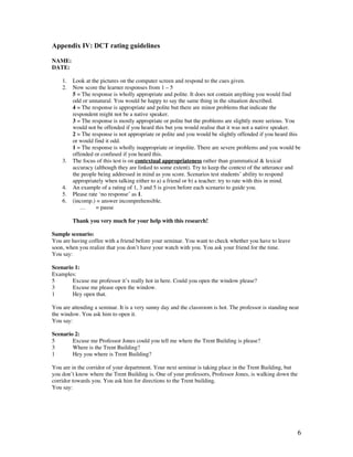 6
Appendix IV: DCT rating guidelines
NAME:
DATE:
1. Look at the pictures on the computer screen and respond to the cues given.
2. Now score the learner responses from 1 – 5
5 = The response is wholly appropriate and polite. It does not contain anything you would find
odd or unnatural. You would be happy to say the same thing in the situation described.
4 = The response is appropriate and polite but there are minor problems that indicate the
respondent might not be a native speaker.
3 = The response is mostly appropriate or polite but the problems are slightly more serious. You
would not be offended if you heard this but you would realise that it was not a native speaker.
2 = The response is not appropriate or polite and you would be slightly offended if you heard this
or would find it odd.
1 = The response is wholly inappropriate or impolite. There are severe problems and you would be
offended or confused if you heard this.
3. The focus of this test is on contextual appropriateness rather than grammatical  lexical
accuracy (although they are linked to some extent). Try to keep the context of the utterance and
the people being addressed in mind as you score. Scenarios test students’ ability to respond
appropriately when talking either to a) a friend or b) a teacher: try to rate with this in mind.
4. An example of a rating of 1, 3 and 5 is given before each scenario to guide you.
5. Please rate ‘no response’ as 1.
6. (incomp.) = answer incomprehensible.
… = pause
Thank you very much for your help with this research!
Sample scenario:
You are having coffee with a friend before your seminar. You want to check whether you have to leave
soon, when you realize that you don’t have your watch with you. You ask your friend for the time.
You say:
Scenario 1:
Examples:
5 Excuse me professor it’s really hot in here. Could you open the window please?
3 Excuse me please open the window.
1 Hey open that.
You are attending a seminar. It is a very sunny day and the classroom is hot. The professor is standing near
the window. You ask him to open it.
You say:
Scenario 2:
5 Excuse me Professor Jones could you tell me where the Trent Building is please?
3 Where is the Trent Building?
1 Hey you where is Trent Building?
You are in the corridor of your department. Your next seminar is taking place in the Trent Building, but
you don’t know where the Trent Building is. One of your professors, Professor Jones, is walking down the
corridor towards you. You ask him for directions to the Trent building.
You say:
 