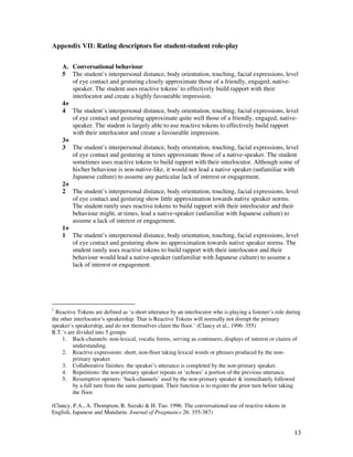 13
Appendix VII: Rating descriptors for student-student role-play
A. Conversational behaviour
5 The student’s interpersonal distance, body orientation, touching, facial expressions, level
of eye contact and gesturing closely approximate those of a friendly, engaged, native-
speaker. The student uses reactive tokens1
to effectively build rapport with their
interlocutor and create a highly favourable impression.
4+
4 The student’s interpersonal distance, body orientation, touching, facial expressions, level
of eye contact and gesturing approximate quite well those of a friendly, engaged, native-
speaker. The student is largely able to use reactive tokens to effectively build rapport
with their interlocutor and create a favourable impression.
3+
3 The student’s interpersonal distance, body orientation, touching, facial expressions, level
of eye contact and gesturing at times approximate those of a native-speaker. The student
sometimes uses reactive tokens to build rapport with their interlocutor. Although some of
his/her behaviour is non-native-like, it would not lead a native speaker (unfamiliar with
Japanese culture) to assume any particular lack of interest or engagement.
2+
2 The student’s interpersonal distance, body orientation, touching, facial expressions, level
of eye contact and gesturing show little approximation towards native speaker norms.
The student rarely uses reactive tokens to build rapport with their interlocutor and their
behaviour might, at times, lead a native-speaker (unfamiliar with Japanese culture) to
assume a lack of interest or engagement.
1+
1 The student’s interpersonal distance, body orientation, touching, facial expressions, level
of eye contact and gesturing show no approximation towards native speaker norms. The
student rarely uses reactive tokens to build rapport with their interlocutor and their
behaviour would lead a native-speaker (unfamiliar with Japanese culture) to assume a
lack of interest or engagement.
1
Reactive Tokens are defined as ‘a short utterance by an interlocutor who is playing a listener’s role during
the other interlocutor’s speakership. That is Reactive Tokens will normally not disrupt the primary
speaker’s speakership, and do not themselves claim the floor.’ (Clancy et al., 1996: 355)
R.T.’s are divided into 5 groups:
1. Back-channels: non-lexical, vocalic forms, serving as continuers, displays of interest or claims of
understanding.
2. Reactive expressions: short, non-floor taking lexical words or phrases produced by the non-
primary speaker.
3. Collaborative finishes: the speaker’s utterance is completed by the non-primary speaker.
4. Repetitions: the non-primary speaker repeats or ‘echoes’ a portion of the previous utterance.
5. Resumptive openers: ‘back-channels’ used by the non-primary speaker  immediately followed
by a full turn from the same participant. Their function is to register the prior turn before taking
the floor.
(Clancy, P.A., A. Thompson, R. Suzuki  H. Tao. 1996. The conversational use of reactive tokens in
English, Japanese and Mandarin. Journal of Pragmatics 26: 355-387)
 