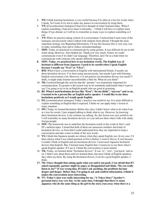 33
4. NN: I think learning hesitations is very useful because I’m often at a loss for words when
I speak. So I want to try not to make any pauses in conversation by using them.
5. YN: [Circumlocution strategies] I had never thought of what I learned today. When I
explain something, I had never done it rationally… I think I will have to explain many
things if I go abroad, so I will try to remember as many ways to explain something as I
can.
6. YN: When we practice taking control of a conversation, I noticed that I used some of the
strategies unconsciously when I talked with students from abroad. I thought the most
important strategy was Repeating Information. I’ll use this because this is very easy way
to make something clear and to reduce misunderstandings.
7. MiW: Today we practiced to communicate by using gesture. It was difficult for me to tell
water-sking. However, Alex helped me. Thank you very much. I knew we could
communicate even if we didn’t use language. Therefore, don’t be in a bind when we
communicate with someone who speaks different language.
8. MiW: Today, we practiced how to use hesitation words. The English way of
hesistate is different from Japanese. I need to be careful when I speak English
because I usually say “E-to” or “Uh-n”.
9. RM: When I have a conversation in English with international friends, I usually use
those hesitation devices. I’ve been using unconsciously, but maybe I got with listening
English conversation a lot. However, is it not good to use hesitation devices too much? I
think, it might make listener uncomfortable a little bit. What do you think?
10. TK: I noticed through this activity that the “gesture” was immensely important for
communication. To gesture is the easiest way to let somebody understand what I want to
say! I’m going to try to be an English people who are good at gesturing.
11. RI: When I used hesitation devices like “Erm”, “let me think”, “anyway” and so on,
I seemed to be a person like an English native speaker. I would like to use these
hesitations positively as I would speak English.
12. ES: [communication strategies] Today’s practice was useful to me. It is more difficult to
explain something in English than I expected. I think we can apply today’s lesson in
many situation.
13. MY: Today we learned hesitation. Before this class, I didn’t know what to do when I am
at a loss for words. I just stopped talking to think what to say. However, by knowing
these hesitation devices, I can continue my talking. So, this lesson was very useful to me.
I will remember as many hesitation devices as I can and use them when I talk with chatty
foreign people.
14. MW: The homework was to underline the hesitation words in the script of Alex’s and
PJ’s audition tapes. I found that both of them use numerous numbers and kinds of
hesitation devices, so from that I could understand how they are important to keep a
conversation and take a time to think of the next words.
15. YS: I think that Japanese people are silence when they speak English, too. In my case, I’d
been silence when I was asked question at Nova (before, I went to Nova). It was because
I couldn’t think in English and use hesitation devices. I used more Japanese hesitation
devices than English. But, I learned many English that, I wanna try to use them when I
speak English speaker. If I use it, I think the conversation is more natural.
16. YK: Today, we learned about “hesitation devices”. It was ‘er’, ‘erm’, ‘you know’ and so
on. I didn’t care about them until we learned them, but once I think of English speakers,
they often say them. By using the hesitation divices, I can be a good English speaker, I
think.
17. TK: I have thought that asking again what you said is not good. I was afraid that if I
asked repeatedly, partner might be angry or disappointed and think, “Do you really
listen to me?” It was wrong idea. If I don’t ask anything, the problems become
deeper and deeper. Before that, I’m going to ask and confirm information. I think it
makes the conversation more interesting.
18. TY: Today’s class was really interesting for me. “A Tokyo Story” [teacher’s
personal story] was very fun. At the same time, I thought that there’re many
Japanese who do the same thing as the girl in the story [run away when there is a
 