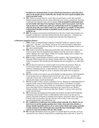 34
breakdown in communication]. I work at fast-food restaurant as a part-time job, I
often see the people who in trouble like this. People who aren’t good at English often
tend to get panic easily.
19. MT: Today we learned what we can do when we don’t know a word. Alex said that
Japanese people pretend to know a thing which they don’t know or understand. And Alex
is annoyed when Japanese took such an attitude. I also pretended to understand what
my host family said when I was staying in America, and it was no good. And when I
took an interview, I did it once and I was confused afterward. So I stopped to ask
what she mean. She never behave bad to me, and told me very kindly. At that time I
realized that I shouldn’t hesitate to humiliate myself. So today’s class was very
useful for me.
20. HH: We looked at some pictures and decided how they felt. I made many mistakes so I
thought it is difficult to catch their feeling from the facial expression… I learned a lot,
and I thought Western expression changed more and more than Japanese one.
e) Discourse competence features
1. MiW: Today, we learned listener responses. I noticed I hardly use responses such as
“can’t you”, “Oh dear”, “Cor blimey” and so on. So I want to be good at using these.
2. MiW: Today, I learned important things; the use of sign-posting language. I want to use
this when I speak English.
3. RM: I didn’t care about the ellipsis that much before. But, I found we use ellipsis a lot
when we speak. Not only English but also Japanese have the way to say a sentence
shorter. Japanese have more ellipsis, I think. For example, Japanese miss a subject a lot,
which is hard for non-native of Japanese.
4. RM: In order to speak English as natural as native speakers, what I learned today was
important. When I speak with my friends, I think I tend to use “Hedgers”. After all, that
means I’m Japanese. But actually not only Japanese but also foreigners try to soften their
words.
5. SN: the interview showed us a good example of successful conversations. There are
several factors which are important for making better conversations such as good
reactions, expanding answers, or open questions. I wonder why we have difficulty in
using these technics, though we can do so naturally when speak with our Japanese
friends.
6. SN: How to make conversations successful depends on both questioners and respondents.
As our teacher said, yes, Japanese tend to answer just “yes” or “no”, and that’s all,
especially to those who we don’t know so much. So, I thought I should try to expand
answers and express myself spontaneously.
7. SN: Oh excellent! Today’s lesson is informative for me. Because we studied about lots of
response-words, some of which I had never known such as “Cor blimey” or “Gosh”.
Additionally, to my shame, I have really few vocabulary of response-words! Oh dear!
Every time others tell me something surprising to me, I never fail to say “Really?”
Though, probably, I know what to say other than “Really?”, it always come out of my
mouth, unconsciously.
8. TK: Continuing, developing and dominating conversations are quite hard!! Especially,
dominating conversations!! I have to think quickly what I want to say and say it as
quickly as possible in English to dominate conversations. Sometimes, there’s no chance
to break in the conversations. But, the activities I did in today’s class were really
interesting though they were difficult for me!
9. RI: I studied how I could keep conversation (going) naturally. It is effective for an
interviewer to ask the opening question; how, what, where and when. Besides, a
listener should expand his answers. If so, conversation will be kept (going) naturally.
I could continue to talk with friends more naturally than I had thought. I think I
want to try such conversation with any other people.
10. RI: I thought that English which was spoken in a natural speed was very fast, so it was
very hard for me to listen to. Jenny Ford was responding some words such as “good” or
 