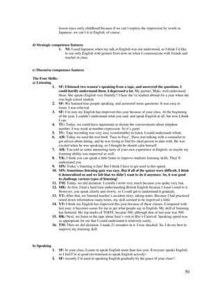 50
lesson since early childhood because if we can’t express the impression by words in
Japanese, we can’t it in English, of course.
d) Strategic competence features
1. NI: I used Japanese when my talk in English was not understood, so I think I’d like
to use only English with gesture from now on when I communicate with friends and
teacher in class.
e) Discourse competence features
The Four Skills:
a) Listening
1. SF: I listened two women’s speaking from a tape, and answered the questions. I
could hardly understand them. I depressed a lot. My partner, Maki, well understood
them. She speaks English very fluently!! I hear she’ve studied abroad for a year when she
was high school student.
2. SF: We listened four people speaking, and answered some questions. It was easy to
listen. I was relieved.
3. SF: I’m sure my English has improved this year because of your class. At the beginning
of the year, I couldn’t understand what you said, and speak English at all, but now I think
I can.
4. TU: Today, we could have oppotunity to dictate the conversations about telephon
number. I was weak at number expression. So it’s good.
5. TU: Tape recording was very easy (comfortable) to listen. I could understand whole.
6. AH: Today we used the text book ‘Face to Face’. Dave was talking with a counselor to
get advice about dating, and he was trying to find his ideal person to date with. He was
excited when he was speaking, so I thought he should calm himself.
7. AH: You told us some interesting story of your own experience in English, so maybe my
listening ability was improved as well.
8. YK: I think you can speak a little faster to improve students listening skills. They’ll
understand you.
9. MN: Today’s listening is fast! But I think I have to get used to this speed.
10. MN: Sometimes listening quiz was easy. But if all of the quizes were difficult, I think
it demoralized us and we felt that we didn’t want to do it anymore. So, it was good
to challenge various types of listening!
11. TM: Today, we did dictation. I couldn’t write very much because you spoke very fast.
12. MK: At first, I had a hard time understanding British English because I wasn’t used to it.
However, you speak clearly and slowly, so I could get to understand it gradualy.
13. YT: After that, we listened teacher’s accident story, taking notes. Because I had practiced
noted down information many times, my skill seemed to be improved a little.
14. YT: I think my English has improved this year because of these classes. Compared with
last year, it becomes easier for me to get what people say in English. My skill of listening
has bettered. My top marks of TOEFL became 560, although that of last year was 500.
15. HK: Next, we listen to the tape about Sara’s visit to Rio’s Carnival. Speaking speed was
so appropriate for me that I could understand it relatively easily.
16. TM: Then we did dictation. I made 21 mistakes in it. I was shocked. So, I do my best to
improve my listening skill.
b) Speaking
1. SF: In your class, I came to speak English more than last year. Everyone speaks English,
so I feel I’m in good environment to speak English actively!
2. SF: recently I’m used to speaking English gradually by the grace of your class!!
 
