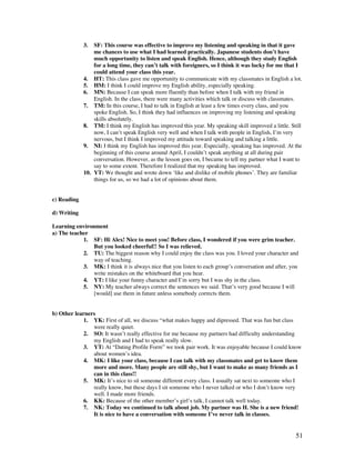 51
3. SF: This course was effective to improve my listening and speaking in that it gave
me chances to use what I had learned practically. Japanese students don’t have
much opportunity to listen and speak English. Hence, although they study English
for a long time, they can’t talk with foreigners, so I think it was lucky for me that I
could attend your class this year.
4. HT: This class gave me opportunity to communicate with my classmates in English a lot.
5. HM: I think I could improve my English ability, especially speaking.
6. MN: Because I can speak more fluently than before when I talk with my friend in
English. In the class, there were many activities which talk or discuss with classmates.
7. TM: In this course, I had to talk in English at least a few times every class, and you
spoke English. So, I think they had influences on improving my listening and speaking
skills absolutely.
8. TM: I think my English has improved this year. My speaking skill improved a little. Still
now, I can’t speak English very well and when I talk with people in English, I’m very
nervous, but I think I improved my attitude toward speaking and talking a little.
9. NI: I think my English has improved this year. Especially, speaking has improved. At the
beginning of this course around April, I couldn’t speak anything at all during pair
conversation. However, as the lesson goes on, I became to tell my partner what I want to
say to some extent. Therefore I realized that my speaking has improved.
10. YT: We thought and wrote down ‘like and dislike of mobile phones’. They are familiar
things for us, so we had a lot of opinions about them.
c) Reading
d) Writing
Learning environment
a) The teacher
1. SF: Hi Alex! Nice to meet you! Before class, I wondered if you were grim teacher.
But you looked cheerful!! So I was relieved.
2. TU: The biggest reason why I could enjoy the class was you. I loved your character and
way of teaching.
3. MK: I think it is always nice that you listen to each group’s conversation and after, you
write mistakes on the whiteboard that you hear.
4. YT: I like your funny character and I’m sorry but I was shy in the class.
5. NY: My teacher always correct the sentences we said. That’s very good because I will
[would] use them in future unless somebody corrects them.
b) Other learners
1. YK: First of all, we discuss “what makes happy and dipressed. That was fun but class
were really quiet.
2. SO: It wasn’t really effective for me because my partners had difficulty understanding
my English and I had to speak really slow.
3. YT: At “Dating Profile Form” we took pair work. It was enjoyable because I could know
about women’s idea.
4. MK: I like your class, because I can talk with my classmates and get to know them
more and more. Many people are still shy, but I want to make as many friends as I
can in this class!!
5. MK: It’s nice to sit someone different every class. I usually sat next to someone who I
really know, but these days I sit someone who I never talked or who I don’t know very
well. I made more friends.
6. KK: Because of the other member’s girl’s talk, I cannot talk well today.
7. NK: Today we continued to talk about job. My partner was H. She is a new friend!
It is nice to have a conversation with someone I’ve never talk in classes.
 