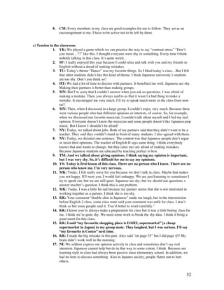52
8. CM: Every members in my class are good examples for me to follow. They act as an
encouragement to me. I have to be active not to be left by them.
c) Tension in the classroom
1. YK: We played a game which we can practice the way to say “contrast stress” “Don’t
you mean…??” like this. I thought everyone were shy or something. Every time I think
nobody talking in this class. It’s quite weird…
2. SF: I really enjoyed this year because I could relax and talk with you and my friends in
English without a dread of making mistakes.
3. TU: Today’s theme “Dance” was my favorite things. So I liked today’s class…But I felt
that other students didn’t like this kind of theme. I think Japanese university’s students
are too shy. Don’t you think so?
4. HT: We had a lot of time to discuss with partners. It benefited me well. Japanese are shy.
Making their partners is better than making groups.
5. MN: But I’m sorry that I couldn’t answer when you ask us questions. I was afraid of
making a mistake. Then, you always said to us that it wasn’t a bad thing to make a
mistake. It encouraged me very much. I’ll try to speak much more in the class from now
on!!
6. MN: Then, when I discussed in a large group, I couldn’t enjoy very much. Because there
were various people who had different opinions or interests, of course. So, for example,
when we discussed our favorite musician, I couldn’t talk about myself and I hid my real
opinion. Everyone doesn’t know the musician and some people doesn’t like Japanese-pop
music. But I know I shouldn’t be afraid!
7. NY: Today, we talked about jobs. Both of my partners said that they didn’t want to be a
teacher. They said they couldn’t stand in front of many students. I also agreed with them.
8. NY: Today, we dictated one sentence. The content was that Japanese people don’t argue
or insist their opinions. The teacher of English II says same thing. I think everybody
knows that and wants to change, but they (also me) are afraid of making mistakes.
Because Japanese students are educated by teaching perfect is best.
9. TM: And we talked about giving opinions. I think saying my opinion is important,
but I was very shy. So, it’s difficult for me to say my opinions.
10. YS: Today is first lesson of this class. There are no person who I know. There are no
person who know me. I’m very nervous.
11. MK: Today, I felt really sorry for you because we don’t talk in class. Maybe that makes
you not happy. If I were you, I would feel unhappy. We are just listening so sometimes I
try to speak out, but we are still quiet. Japanese are shy, but we should ask questions +
answer teacher’s question. I think this is our problem.
12. MK: Today, I was a little bit sad because my partner seems that she is not interested in
working together as a partner. I think she is too shy.
13. KK: Your comment “double chin in Japanese” made me laugh, but in the intermission
before English 2 class, some class mate said your comment was unfit for class. I don’t
think so but some people said it. You’d better to word carefully.”
14. KK: I know you’re always make a preparation for class but it was a little boring class for
me. I think we’re quite shy. We need some work to break the shy idea. I think it bring a
good merit for this class.
15. KK: I said “my favourite shopping place is DAIEI, supermarket” [a cheap
supermarket in Japan] to my group mate. They laughed, but I was serious. I’ll say
“my favourite is Costco” next time.
16. KK: I made the big mistake in this part. Alex said “on page 55” but I did page 45! My
brain didn’t work well in the morning.
17. NI: We seldom express our opinion actively in class and sometimes don’t say real
intention. Japanese cannot help but do in that way to some extent, I think. Because our
learning style in class had always been passive since elementary school. In addition, we
had no time to discuss something. Also in Japanes society, people flatter not to hurt
others.
 
