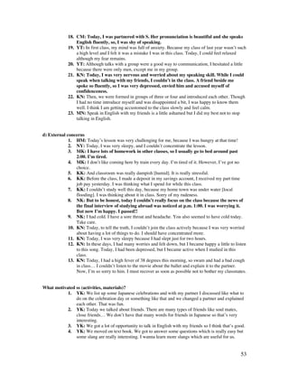 53
18. CM: Today, I was partnered with S. Her pronunciation is beautiful and she speaks
English fluently, so, I was shy of speaking.
19. YT: In first class, my mind was full of anxiety. Because my class of last year wasn’t such
a high level and I felt it was a mistake I was in this class. Today, I could feel relaxed
although my fear remains.
20. YT: Although talks with a group were a good way to communication, I hesitated a little
because there were only men, except me in my group.
21. KN: Today, I was very nervous and worried about my speaking skill. While I could
speak when talking with my friends, I couldn’t in the class. A friend beside me
spoke so fluently, so I was very depressed, envied him and accused myself of
confidenceness.
22. KN: Then, we were formed in groups of three or four and introduced each other. Though
I had no time introduce myself and was disappointed a bit, I was happy to know them
well. I think I am getting accustomed to the class slowly and feel calm.
23. MN: Speak in English with my friends is a little ashamed but I did my best not to stop
talking in English.
d) External concerns
1. HM: Today’s lesson was very challenging for me, because I was hungry at that time!
2. NY: Today, I was very sleepy, and I couldn’t concentrate the lesson.
3. MK: I have lots of homework in other classes, so I usually go to bed around past
2:00. I’m tired.
4. MK: I don’t like coming here by train every day. I’m tired of it. However, I’ve got no
choice.
5. KK: And classroom was really dampish [humid]. It is really stressful.
6. KK: Before the class, I made a deposit in my savings account, I received my part time
job pay yesterday. I was thinking what I spend for while this class.
7. KK: I couldn’t study well this day, because my home town was under water [local
flooding]. I was thinking about it in class. Sorry of my rudeness.
8. NK: But to be honest, today I couldn’t really focus on the class because the news of
the final interview of studying abroad was noticed at p.m. 1:00. I was worrying it.
But now I’m happy. I passed!!
9. NK: I had cold. I have a sore throat and headache. You also seemed to have cold today.
Take care.
10. KN: Today, to tell the truth, I couldn’t join the class actively because I was very worried
about having a lot of things to do. I should have concentrated more.
11. KN: Today, I was very sleepy because I had slept just for two hours.
12. KN: In these days, I had many worries and felt down, but I became happy a little to listen
to this song. Today, I had been depressed, but I became active when I studied in this
class.
13. KN: Today, I had a high fever of 38 degrees this morning, so swam and had a bad cough
in class… I couldn’t listen to the movie about the ballet and explain it to the partner.
Now, I’m so sorry to him. I must recover as soon as possible not to bother my classmates.
What motivated ss (activities, materials)?
1. YK: We list up some Japanese celebrations and with my partner I discussed like what to
do on the celebration day or something like that and we changed a partner and explained
each other. That was fun.
2. YK: Today we talked about friends. There are many types of friends like soul mates,
close friends… We don’t have that many words for friends in Japanese so that’s very
interesting.
3. YK: We got a lot of opportunity to talk in English with my friends so I think that’s good.
4. YK: We moved on text book. We got to answer some questions which is really easy but
some slang are really interesting. I wanna learn more slangs which are useful for us.
 