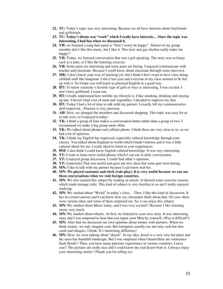 55
22. TU: Today’s topic was very interesting. Because we all have interests about boyfriends
and girlfriends.
23. TU: Today’s theme was “work” which I really have interests… Since the topic was
interesting, I had fun when we discussed it.
24. YH: we listened a song that name is “Don’t worry be happy”. Almost of my group
member don’t like this music, but I like it. This lyric and gay rhythm really make me
happy!!
25. YH: Today, we listened conversation that was a girl speaking. The story was so funny
such as a joke, so I like the listening exercise.
26. YH: Some parts are interisting and some parts are boring. I enjoyed communicate with
teacher and classmate. Because I could know about classmate through some interview.
27. MK: I don’t know your way of teaching yet, but I think I don’t want to have class doing
childish stuff like hangman. I did it last year and everyone in my class seemed to be fed
up with it. So I hope you will teach us practical English in a good way.
28. HT: To know someone’s favorite type of girls or boys is interesting. I was excited. I
don’t have girlfriend. I want one.
29. HT: I really understood how terrible my lifestyle is. I like smoking, drinking and staying
up late. I haven’t had a lot of meat and vegetables. I decided to improve my diet.
30. HT: Today I had a lot of time to talk with my partner. I exactly felt my communicative
skill improved…Practice is very precious.
31. AH: Next, we changed the members and discussed shopping. This topic was easy for us
to talk over, so I enjoyed it today!
32. YK: I think a group of four makes a conversation better rather than a group of two. I
recommend we make a big group more often.
33. YK: We talked about phones and cellular phone. I think these are very close to us, so we
had a lot of opinions.
34. YK: I think my English has improved, especially cultural knowledge through your
classes. You talked about England or world which I hadn’t known and it was a little
cultural shock for me. I really liked to listen to your experiences.
35. HM: I also think I could know English cultural knowledge. It was very interesting.
36. YT: I want to learn more useful phrase which I can use in daily conversation.
37. YT: I enjoyed group discussion. I could find other’s opinions.
38. YT: [materials] That was useful and gave me new ideas but some part were boring.
39. MN: I like to talk with my partner because I can know real her.
40. MN: We played customer and clerk [role-play]. It is very useful because we can use
these conversations when we visit foreign countries.
41. MN: We also studied this subject by reading an article. It showed some concrete reasons
which made teenage cults. This kind of subject is very familiar to us and I really enjoyed
studying.
42. MN: We studied about “Weird” in today’s class… Then, I like this kind of discussion. It
has no correct answer and I can know how my classmates think about that. Of cous, there
were various ideas and some of them surprised me. So, I can enjoy this subject.
43. MN: We studied about Music today, and I was very excited!! Because I like listening
music very much.
44. MN: We studied about wheels. At first, we listened to your own story. It was interesting
story and I was surprised to hear that you repair your Mini by yourself. (Was it difficult?)
45. MN: After that we discussed our own opinions about money with partners. When we
think money, we only imagine cash. But foreigners usually use not only cash but also
cards and cheques, I think. It’s interesting difference!
46. MN: Next, we were talking about “desert”. In my idea, desert is a very very hot place and
the oasis has beautiful landscape. But I was surprised when I heard there are sometimes
flash floods!! Then, you have many precious experiences in various countries. I envy
you!! The pictures are really nice and I could know the real desert from it. I always enjoy
your interesting stories! (Thank you for telling us).
 