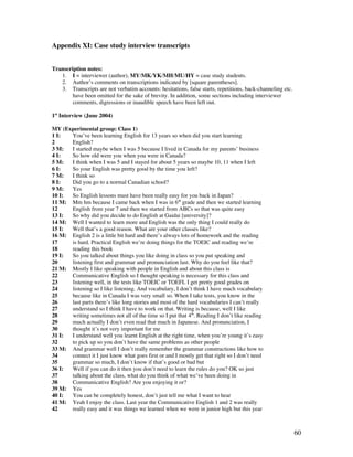 60
Appendix XI: Case study interview transcripts
Transcription notes:
1. I = interviewer (author), MY/MK/YK/MH/MU/HY = case study students.
2. Author’s comments on transcriptions indicated by [square parentheses].
3. Transcripts are not verbatim accounts: hesitations, false starts, repetitions, back-channeling etc.
have been omitted for the sake of brevity. In addition, some sections including interviewer
comments, digressions or inaudible speech have been left out.
1st
Interview (June 2004)
MY (Experimental group: Class 1)
1 I: You’ve been learning English for 13 years so when did you start learning
2 English?
3 M: I started maybe when I was 5 because I lived in Canada for my parents’ business
4 I: So how old were you when you were in Canada?
5 M: I think when I was 5 and I stayed for about 5 years so maybe 10, 11 when I left
6 I: So your English was pretty good by the time you left?
7 M: I think so
8 I: Did you go to a normal Canadian school?
9 M: Yes
10 I: So English lessons must have been really easy for you back in Japan?
11 M: Mm hm because I came back when I was in 6th
grade and then we started learning
12 English from year 7 and then we started from ABCs so that was quite easy
13 I: So why did you decide to do English at Gaidai [university]?
14 M: Well I wanted to learn more and English was the only thing I could really do
15 I: Well that’s a good reason. What are your other classes like?
16 M: English 2 is a little bit hard and there’s always lots of homework and the reading
17 is hard. Practical English we’re doing things for the TOEIC and reading we’re
18 reading this book
19 I: So you talked about things you like doing in class so you put speaking and
20 listening first and grammar and pronunciation last. Why do you feel like that?
21 M: Mostly I like speaking with people in English and about this class is
22 Communicative English so I thought speaking is necessary for this class and
23 listening well, in the tests like TOEIC or TOEFL I get pretty good grades on
24 listening so I like listening. And vocabulary, I don’t think I have much vocabulary
25 because like in Canada I was very small so. When I take tests, you know in the
26 last parts there’s like long stories and most of the hard vocabularies I can’t really
27 understand so I think I have to work on that. Writing is because, well I like
28 writing sometimes not all of the time so I put that 4th
. Reading I don’t like reading
29 much actually I don’t even read that much in Japanese. And pronunciation, I
30 thought it’s not very important for me
31 I: I understand well you learnt English at the right time, when you’re young it’s easy
32 to pick up so you don’t have the same problems as other people
33 M: And grammar well I don’t really remember the grammar constructions like how to
34 connect it I just know what goes first or and I mostly get that right so I don’t need
35 grammar so much, I don’t know if that’s good or bad but
36 I: Well if you can do it then you don’t need to learn the rules do you? OK so just
37 talking about the class, what do you think of what we’ve been doing in
38 Communicative English? Are you enjoying it or?
39 M: Yes
40 I: You can be completely honest, don’t just tell me what I want to hear
41 M: Yeah I enjoy the class. Last year the Communicative English 1 and 2 was really
42 really easy and it was things we learned when we were in junior high but this year
 