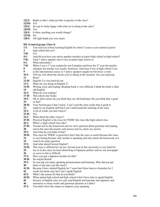 69
122 I: Right so that’s what you like to practice in the class?
123M: Yes
124 I: So you’re fairly happy with what we’re doing in the class?
125M: Yes
126 I: Is there anything you would change?
127M: No
128 I: All right thank you very much
HY (Control group: Class 4)
1 I: You said you’d been learning English for about 7 years so you started at junior
2 high school did you?
3 H: Yes
4 I: And did you have any native speaker teachers at junior high school or high school?
5 H: I had 1 native speaker since I was in junior high school so
6 I: What nationality?
7 H: When I was a 1st
year student he was Canadian and from the 2nd
year the teacher
8 changed, the teacher was maybe American. And since I was in high school I was
9 in the international course so 3 native speakers taught me but twice a week
10 I: Tell me a bit about the classes you’re taking at the moment. Are you enjoying
11 them?
12 H: English 2 is very hard for me
13 I: What are you doing in English 2?
14 H: Writing essay and reading. Reading book is very difficult, I think the book is little
15 old English
16 I: What are you reading?
17 H: This [shows her book]
18 I: Oh so short stories do you think they are old-fashioned. Do you think that’s good
19 or bad?
20 H: Very bad because I don’t know, I can’t read the story easily that is good to
21 improve my English skill but I can’t understand the meaning of the story
22 I: A lot of words you don’t know?
23 H: Yes
24 I: What about the other classes?
25 H: Practical English is the class for TOEIC this class like high school class
26 I: What’s a high school class like?
27 H: Teacher tell us the homework and we solve question about grammar and reading
28 and in the class the teacher said answer and we check my answer
29 I: And what do you think of that?
30 H: This class for TOEIC is good but I don’t like the class so much because this class
31 is very boring because only teacher is speaking and only check the homework so I
32 want to do many question
33 I: And what about Current English?
34 H: This class is difficult for me too. Second year in this university is very hard for
35 me so in this class we learn about Iraq or Japanese politics and we use newspaper
36 as a text so this is difficult
37 I: Have you got a Japanese teacher for that?
38 H: No maybe British
39 I: So you put you enjoy speaking pronunciation and listening. Why did you put
40 those as the ones you like most?
41 H: Because I have studied English for 7 years but I have been to Australia for 2
42 weeks for home-stay but I can’t speak English
43 I: What’s the reason for that do you think?
44 H: When junior high school and high school I don’t have time to speak English
45 because in English class we only read English and translate into Japanese and
46 memorise so many words and grammar question so I didn’t
47 I: You didn’t have the chance to improve your speaking
 