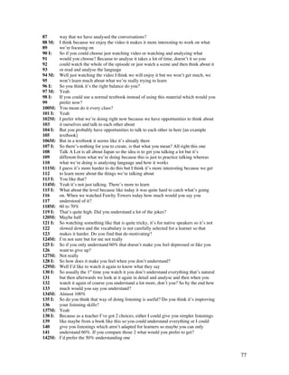 77
87 way that we have analysed the conversations?
88 M: I think because we enjoy the video it makes it more interesting to work on what
89 we’re focusing on
90 I: So if you could choose just watching video or watching and analyzing what
91 would you choose? Because to analyse it takes a lot of time, doesn’t it so you
92 could watch the whole of the episode or just watch a scene and then think about it
93 or read and analyse the language
94 M: Well just watching the video I think we will enjoy it but we won’t get much, we
95 won’t learn much about what we’re really trying to learn
96 I: So you think it’s the right balance do you?
97 M: Yeah
98 I: If you could use a normal textbook instead of using this material which would you
99 prefer now?
100M: You mean do it every class?
101 I: Yeah
102M: I prefer what we’re doing right now because we have opportunities to think about
103 it ourselves and talk to each other about
104 I: But you probably have opportunities to talk to each other in here [an example
105 textbook]
106M: But in a textbook it seems like it’s already there
107 I: So there’s nothing for you to create, is that what you mean? All right this one
108 Talk A Lot is all about Japan so the idea is to get you talking a lot but it’s
109 different from what we’re doing because this is just to practice talking whereas
110 what we’re doing is analysing language and how it works
111M: I guess it’s more harder to do this but I think it’s more interesting because we get
112 to learn more about the things we’re talking about
113 I: You like that?
114M: Yeah it’s not just talking. There’s more to learn
115 I: What about the level because like today it was quite hard to catch what’s going
116 on. When we watched Fawlty Towers today how much would you say you
117 understood of it?
118M: 60 to 70%
119 I: That’s quite high. Did you understand a lot of the jokes?
120M: Maybe half
121 I: So watching something like that is quite tricky, it’s for native speakers so it’s not
122 slowed down and the vocabulary is not carefully selected for a learner so that
123 makes it harder. Do you find that de-motivating?
124M: I’m not sure but for me not really
125 I: So if you only understand 60% that doesn’t make you feel depressed or like you
126 want to give up?
127M: Not really
128 I: So how does it make you feel when you don’t understand?
129M: Well I’d like to watch it again to know what they say
130 I: So usually the 1st
time you watch it you don’t understand everything that’s natural
131 but then afterwards we look at it again in detail and analyse and then when you
132 watch it again of course you understand a lot more, don’t you? So by the end how
133 much would you say you understand?
134M: Almost 100%
135 I: So do you think that way of doing listening is useful? Do you think it’s improving
136 your listening skills?
137M: Yeah
138 I: Because as a teacher I’ve got 2 choices, either I could give you simpler listenings
139 like maybe from a book like this so you could understand everything or I could
140 give you listenings which aren’t adapted for learners so maybe you can only
141 understand 60%. If you compare those 2 what would you prefer to get?
142M: I’d prefer the 50% understanding one
 