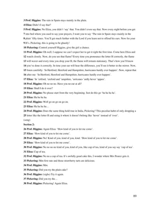 89
3 Prof. Higgins: The rain in Spain stays mainly in the plain.
4 Eliza: Didn’t I say that?
5 Prof. Higgins: No Eliza, you didn’t ‘say’ that. You didn’t even say that. Now every night before you get
7 into bed where you used to say your prayers, I want you to say ‘The rain in Spain stays mainly in the
8 plain’ fifty times. You’ll get much further with the Lord if you learn not to offend his ears. Now for your
9 H’s. Pickering, this is going to be ghastly!
10 Pickering: Control yourself Higgins, give the girl a chance.
11 Prof. Higgins: Oh well, I suppose we can’t expect her to get it right the first time. Come here Eliza and
12 watch closely. Now, do you see that flame? Every time you pronounce the letter H correctly, the flame
13 will waver and every time you drop your H, the flame will remain stationary. That’s how you’ll know
14 you’ve done it correctly. In time your ear will hear the difference, you’ll see it better in the mirror. Now,
15 listen carefully: ‘In Hertford, Hereford and Hampshire, hurricanes hardly ever happen’. Now, repeat that
16 after me: ‘In Hertford, Hereford and Hampshire, hurricanes hardly ever happen’.
17 Eliza: ‘In ’ertford, ’ereford and ’ampshire, ’urricanes ’ardly hever ’appen’.
18 Prof. Higgins: Oh no no no. Have you no ear at all?
19 Eliza: Shall I do it over?
20 Prof. Higgins: No please start from the very beginning. Just do this go ‘ha ha ha ha’.
21 Eliza: Ha ha ha ha.
22 Prof. Higgins: Well go on go on go on.
23 Eliza: Ha ha ha ha…
24 Prof. Higgins: Does the same thing hold true in India, Pickering? This peculiar habit of only dropping a
25 letter like the letter H and using it where it doesn’t belong like ‘hever’ instead of ‘ever’.
(song)
Section 2:
26 Prof. Higgins: Again Eliza: ‘How kind of you to let me come’.
27 Eliza: ‘How kind of you to let me come’.
28 Prof. Higgins: No! Kind of you, kind of you, kind. ‘How kind of you to let me come’.
29 Eliza: ‘How kind of you to let me come’.
30 Prof. Higgins: No no no no kind of you, kind of you, like cup of tea, kind of you say say ‘cup of tea’.
31 Eliza: Cup of tea.
32 Prof. Higgins: No no a cup of tea. It’s awfully good cake this, I wonder where Mrs Pearce gets it.
33 Pickering: Mm first rate and those strawberry tarts are delicious.
34 Prof. Higgins: Mm.
35 Pickering: Did you try the plain cake?
36 Prof. Higgins: (sighs) Try it again.
37 Pickering: Did you try the…
38 Prof. Higgins: Pickering! Again Eliza.
 