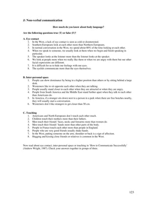 123
J: Non-verbal communication
How much do you know about body language?
Are the following questions true (T) or false (F)?
A. Eye contact
1. In the West, a lack of eye contact is seen as cold or disinterested.
2. Southern Europeans look at each other more than Northern Europeans.
3. In normal conversation in the West, we spend about 80% of the time looking at each other.
4. When we speak to someone, we usually look at them when we begin and finish speaking in
particular.
5. The speaker looks at the listener more than the listener looks at the speaker.
6. We look at people more when we really like them or when we are angry with them but our other
facial expressions are different.
7. It is difficult for us to hide our feelings with our eyes.
8. The eyelids communicate more than the eyes themselves.
B. Inter-personal space
1. People can show dominance by being in a higher position than others or by sitting behind a large
desk.
2. Westerners like to sit opposite each other when they are talking.
3. People usually stand closer to each other when they are attracted or when they are angry.
4. People from South America and the Middle East stand further apart when they talk to each other
than Americans do.
5. In America, if a stranger sits down next to a person in a park when there are free benches nearby,
they will usually start a conversation.
6. Westerners don’t like strangers to get closer than 50 cm.
C. Touching
1. Americans and North Europeans don’t touch each other much.
2. Children touch their mothers more than their fathers.
3. Men touch their friends’ faces, necks and forearms more than women do.
4. Men touch their friends’ hands more than other parts of the body.
5. People in France touch each other more than people in England.
6. People who are very good friends usually shake hands.
7. In the West, patting someone on the arm, shoulder or back is a sign of affection.
8. Hugging and kissing close friends or relatives is common in the West.
Now read about eye contact, inter-personal space or touching in ‘How to Communicate Successfully’
(Andrew Wright, 1987). Check your answers together in groups of three.
 