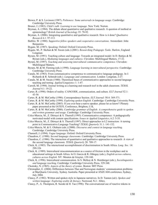 130
Brown, P.  S. Levinson (1987). Politeness: Some universals in language usage. Cambridge:
Cambridge University Press.
Bruner, J. (1983). Child’s talk: Learning to use language. New York: Norton.
Bryman, A. (1984). The debate about quantitative and qualitative research: A question of method or
epistemology? British Journal of Sociology 35: 78-92.
Bryman, A. (2006). Integrating quantitative and qualitative research: How is it done? Qualitative
Research 6.1: 97-113.
Bublitz, W. (1988). Supportive fellow speakers and cooperative conversations. Amsterdam: John
Benjamins.
Bygate, M. (1987). Speaking. Oxford: Oxford University Press.
Bygate, M., P. Skehan  M. Swain (eds.) (2001). Researching Pedagogic Tasks. Harlow, England:
Longman.
Byram, M. (1991). Teaching culture and language: Towards an integrated model. In D. Buttjes  M.
Byram (eds.), Mediating languages and cultures. Clevedon: Multilingual Matters, 17-32.
Byram, M. (1997). Teaching and assessing intercultural communicative competence. Clevedon:
Multilingual Matters.
Byram, M.  M. Fleming (eds.) (1998). Language learning in intercultural perspective. Cambridge:
Cambridge University Press.
Canale, M. (1983). From communicative competence to communicative language pedagogy. In J.
Richards  R. Schmidt (eds.). Language and communication. London: Longman, 2-27.
Canale, M.  M. Swain (1980). Theoretical bases of communicative approaches to second language
teaching and testing. Applied Linguistics 1: 1-47.
Carroll, M. (1994). Journal writing as a learning and research tool in the adult classroom. TESOL
Journal 4.1: 19-22.
Carter, R. (1998). Orders of reality: CANCODE, communication, and culture. ELT Journal 52.1:
43-56
Carter, R.  M. McCarthy (1996). Correspondence Section. ELT Journal: 50.4: 369-371.
Carter, R.  M. McCarthy (1999). Exploring spoken English. Cambridge: Cambridge University Press.
Carter, R.  M. McCarthy (2003). If you ever hear a native speaker, please let us know!! Plenary
paper presented at the IATEFL Conference, Brighton, U.K.
Carter, R.  M. McCarthy (2006). Cambridge grammar of English: A comprehensive guide to spoken
and written grammar and usage. Cambridge: Cambridge University Press.
Celce-Murcia, M., Z. Dörnyei  S. Thurrell (1995). Communicative competence: A pedagogically
motivated model with content specifications. Issues in Applied Linguistics, 6.2: 5-35.
Celce-Murcia, M., Z. Dörnyei  S. Thurrell (1997). Direct approaches in L2 instruction: A turning
point in Communicative Language Teaching? TESOL Quarterly 31.1: 141-152.
Celce-Murcia, M.  E. Olshtain (eds.) (2000). Discourse and context in language teaching.
Cambridge: Cambridge University Press.
Channell, J. (1994). Vague language. Oxford: Oxford University Press.
Chaudron, C. (1988). Second language classrooms. Cambridge: Cambridge University Press.
Chaudron, C. (1986). The interaction of quantitative and qualitative approaches to research: A view of
the second language classroom. TESOL Quarterly 20: 709-17.
Chick, K. (1985). The interactional accomplishment of discrimination in South Africa. Lang. Soc. 14:
299-326
Chick, K. (1989). Intercultural miscommunication as a source of friction in the workplace and in
educational settings in South Africa. In O. Garcia  R. Otheguy (eds.), English across cultures,
cultures across English. NY: Mouton de Gruyter, 139-160.
Chick, K. (1996). Intercultural communication. In S. McKay  N. Hornberger (eds.), Sociolinguistics
and language teaching. Cambridge: Cambridge University Press, 329-348.
Chomsky, N. (1965). Aspects of the theory of syntax. Boston: MIT Press.
Christopher, E. (2004). Differences between Thai and Norwegian students’ communication problems
at MacQuarie University, Sydney Australia. Paper presented at ANZCA04 conference, Sydney,
July 2004.
Clancy, P. (1982). Written and spoken style in Japanese narratives. In D. Tannen (ed.). Spoken and
written language: Exploring orality  literacy. Norwood, N.J.: Ablex.
Clancy, P., A. Thompson, R. Suzuki  H. Tao (1996). The conversational use of reactive tokens in
 