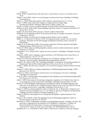 134
iv: 409-414.
Hill, B. (1984). Using television. In B. Jones (ed.), Using authentic resources in teaching French:
34-43
Hinkel, E. (ed.) (1999). Culture in second language teaching and learning. Cambridge: Cambridge
University Press.
Holmes, J. (1988). Doubt and certainty in ESL textbooks. Applied Linguistics 9.1: 21-44.
House, J. (2004). Unity in Diversity: English as a lingua franca for Europe. Paper
presented at the BAAL Conference 2004, King’s College, London, U.K.
Howatt, A. (1984). A history of English language teaching. Oxford: Oxford University Press.
Hopkins, D.  M. Nettle (1994). Second language acquisition research: A response to Rod Ellis. ELT
Journal 48.2: 157-161.
Hopkins, D.  M. Nettle (1995). Passport to IELTS. London: Prentice Hall.
Houtkoop, H.  H. Mazeland (1985). Turns and discourse units in everyday conversation. Journal of
Pragmatics 9: 595-619.
Hughes, R. (2002). Teaching and researching speaking. Harlow, Essex: Longman.
Hudson, T., E. Detmer  J. D. Brown. (1995). Developing prototypic measures of cross-cultural
pragmatics. Honolulu, HI: Second Language Teaching  Curriculum Center, University of
Hawaii Press.
Hughes, R.  M. McCarthy (1998). From sentence to discourse: Discourse grammar and English
language teaching. TESOL Quarterly 32.2: 263-287.
Hurley, D. (1992). Issues in teaching pragmatics, prosody, and non-verbal communication. Applied
Linguistics 13: 259-281.
Hutchinson, T.  A. Waters (1987). English for specific purposes. Cambridge: Cambridge University
Press.
Hyland, K. (2002). Genre: Language, context and literacy. In M. McGroaty, (ed.) Annual Review of
Applied Linguistics. Vol. 22: 113-135.
Hymes, D. (1972). On communicative competence. In J. B. Pride  J. Holmes (eds.), Socio-
linguistics: Selected readings. Harmondsworth: Penguin Books, 269-293.
Iwasaki, S.  P. Horie (1998). The ‘Northridge Earthquake’ conversations: Conversational patterns in
Japanese and Thai and their cultural significance. Discourse  Society, 9.4: 501-529.
Jenkins, J. (2000). The phonology of English as an international language. Oxford: Oxford University
Press.
Johnson, P. (1982). Effects on reading comprehension of building background knowledge. TESOL
Quarterly 16.4: 503-516.
Johnson, K. (1995). Understanding communication in second language classrooms. Cambridge:
Cambridge University Press.
Jones, R. (2001). A consciousness-raising approach to the teaching of conversational storytelling skills.
ELT Journal, 55.2: 155-163.
Judd, E. (1999). Some issues in the teaching of pragmatic competence. In E. Hinkel (ed.), Culture in
second language teaching and learning. Cambridge: Cambridge University Press, 152-166.
Kachru, B. (1985). Standards, codification and sociolinguistic realism: the English language in the
outer circle. In R. Quirk  H. G. Widdowson (eds.), English in the world: Teaching and learning
the language and literatures. Cambridge: Cambridge University Press, 11-30.
Kasper, G. (2001a). Learning pragmatics in the L2 classroom. In L. F. Bouton (ed.), Pragmatics and
language learning monograph series, Vol. 10. Urbana, IL: Division of English as an International
Language, University of Illinois at Urbana-Champaign, 1-22.
Kasper, G. (2001b). Four perspectives on L2 pragmatic development. Applied Linguistics 22.4:
502-530.
Kasper, G.  R. Schmidt. (1996). Developmental issues in interlanguage pragmatics. Studies in
Second Language Acquisition 18: 149-169.
Kellerman, E. (1991). Compensatory strategies in second language research: A critique, a revision, and
some (non-) implications for the classroom. In R. Phillipson, E. Kellerman, L. Selinker, M.
Sharwood Smith  M. Swain (eds.), Foreign/second language pedagogy research: A
commemorative volume for Claus Faerch. Clevedon, UK: Multilingual Matters, 142-161.
Kienbaum, B. E., A. J. Russell  S. Welty (1986). Communicative competence in foreign language
 
